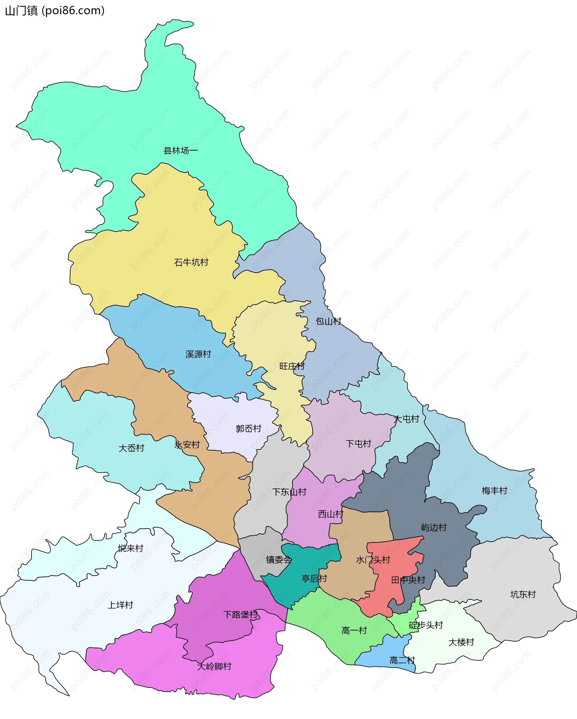 山门镇边界地图(五级行政区划)