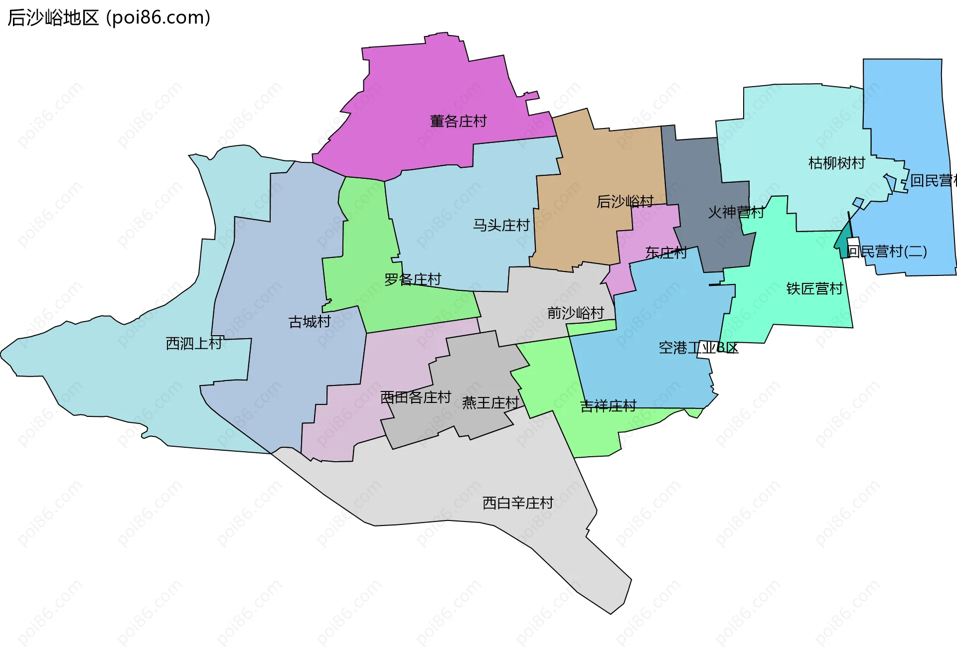 后沙峪地区边界地图(五级行政区划)