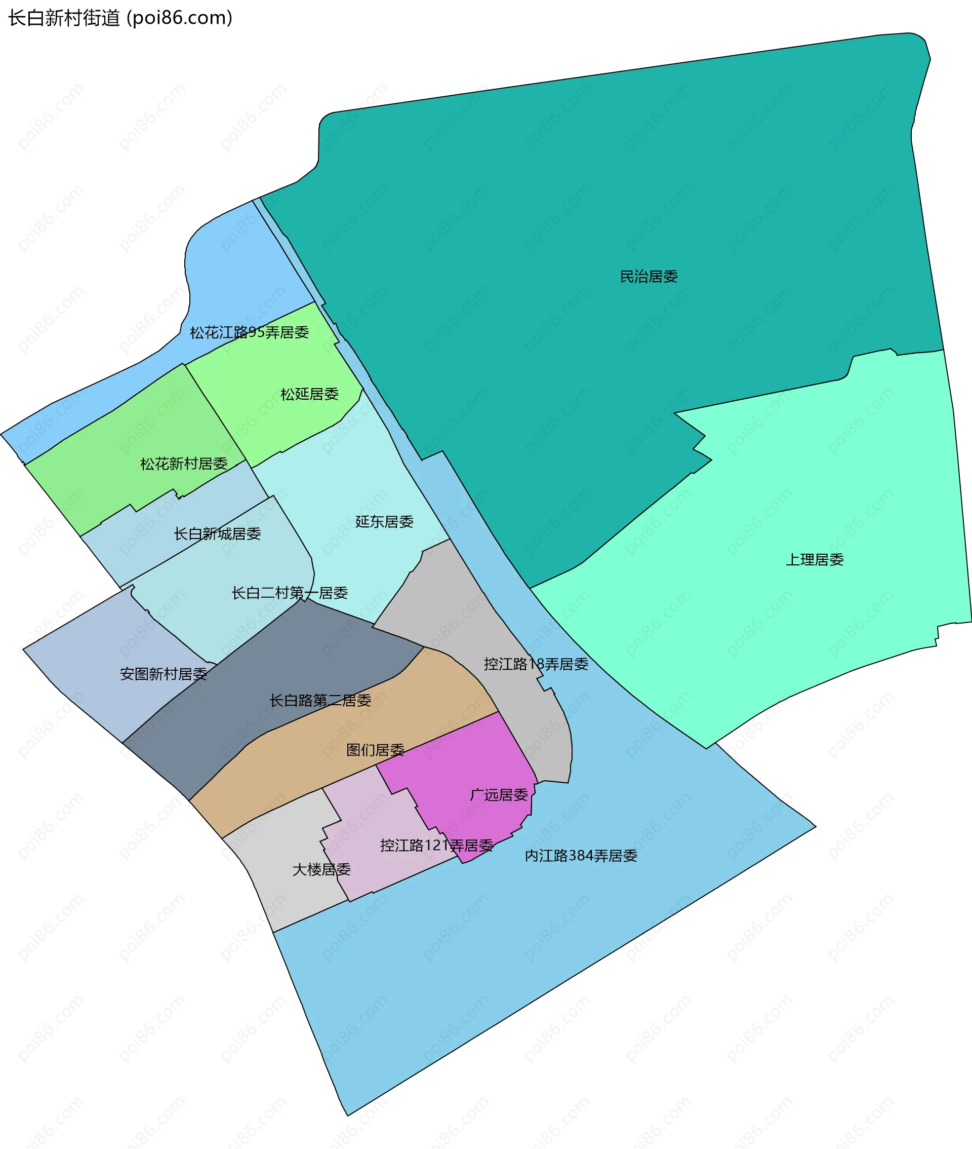 长白新村街道边界地图(五级行政区划)