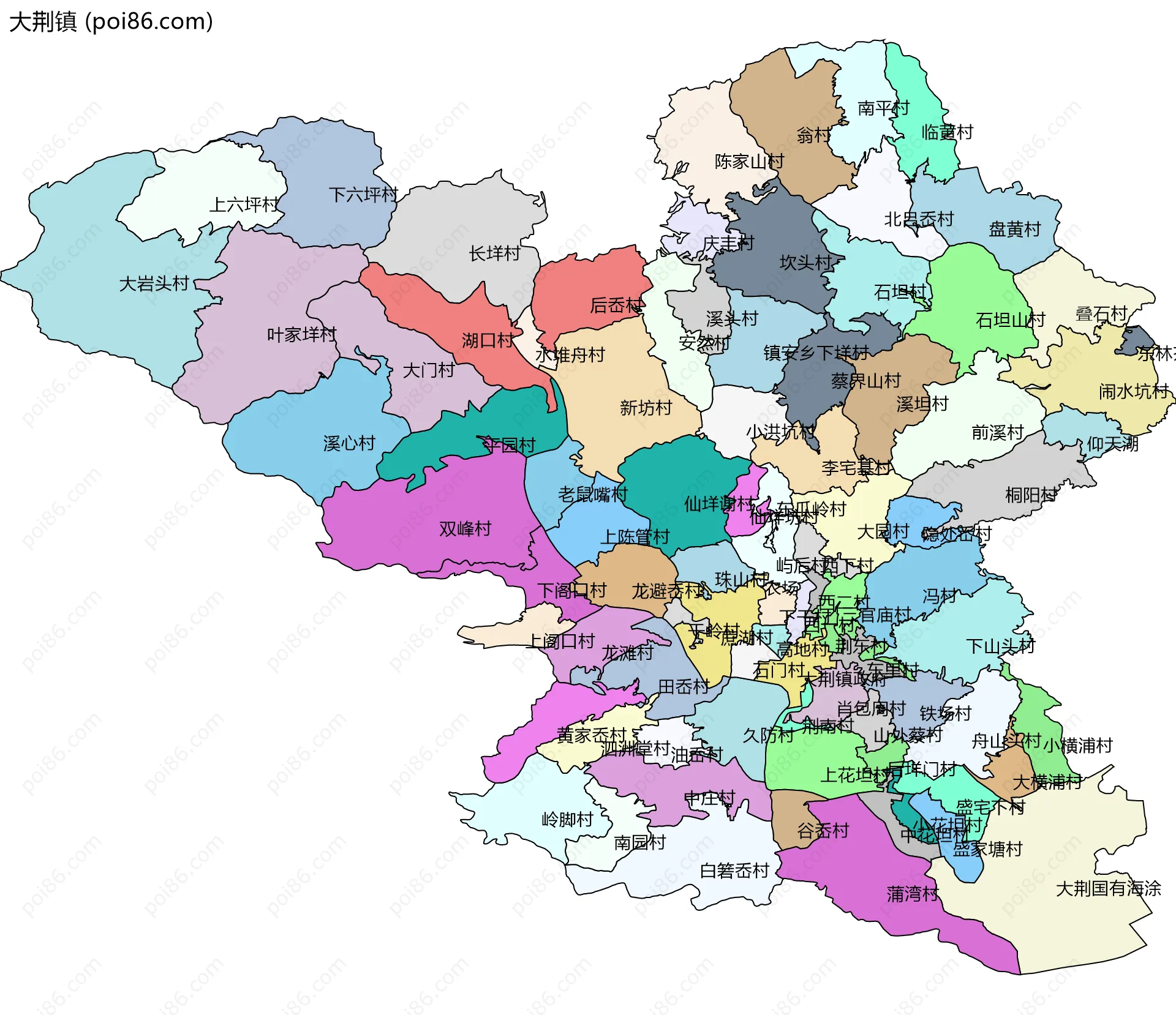 大荆镇边界地图(五级行政区划)