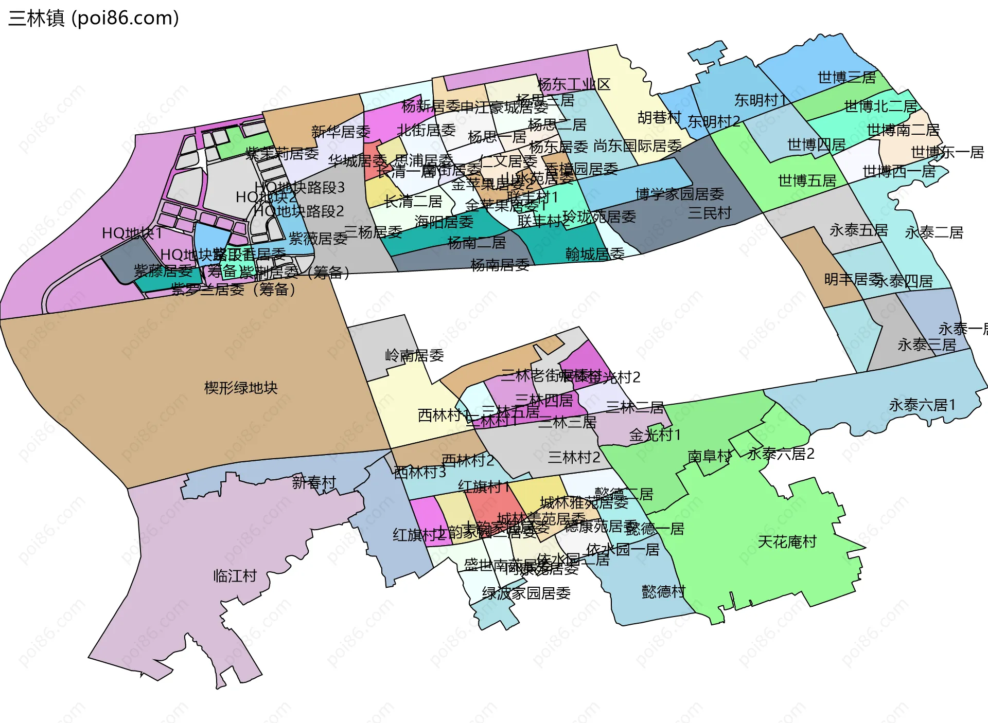 三林镇边界地图(五级行政区划)