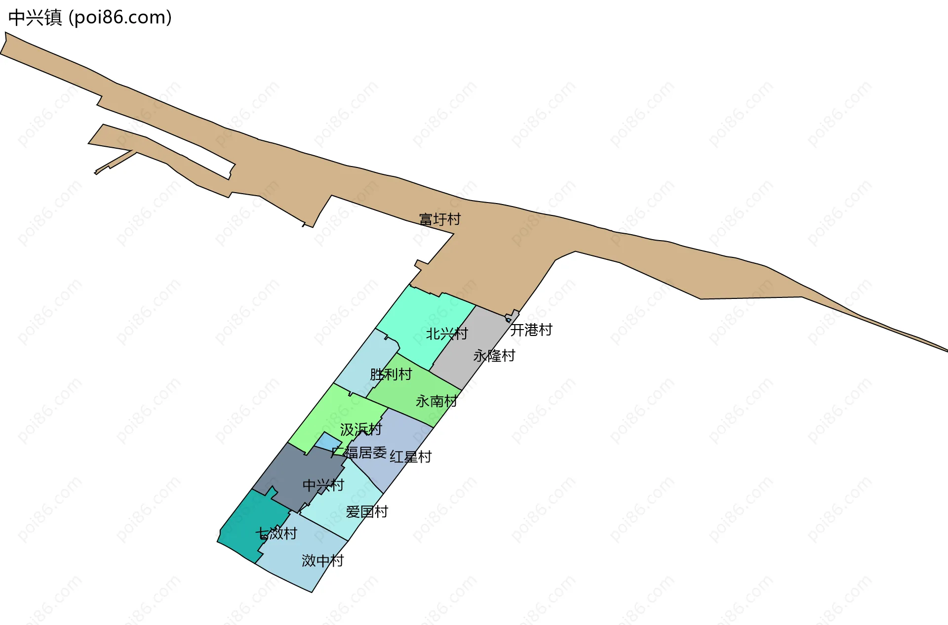 中兴镇边界地图(五级行政区划)