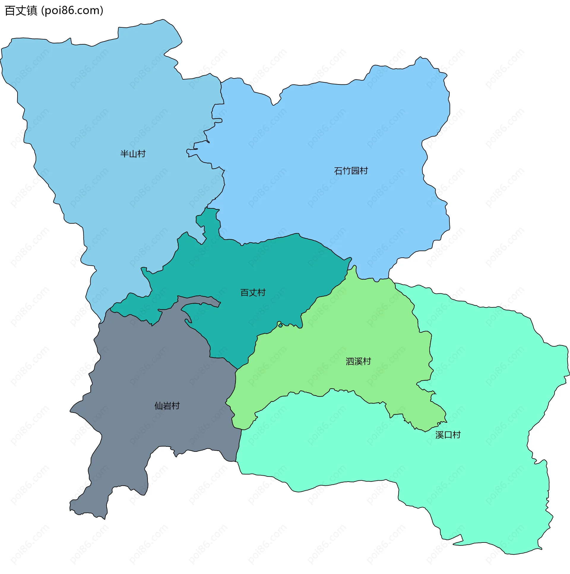 百丈镇边界地图(五级行政区划)