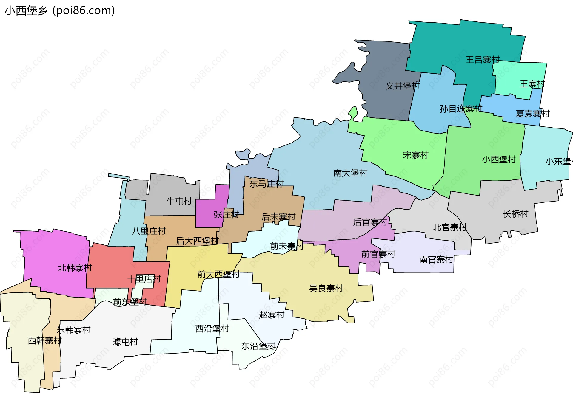 小西堡乡边界地图(五级行政区划)