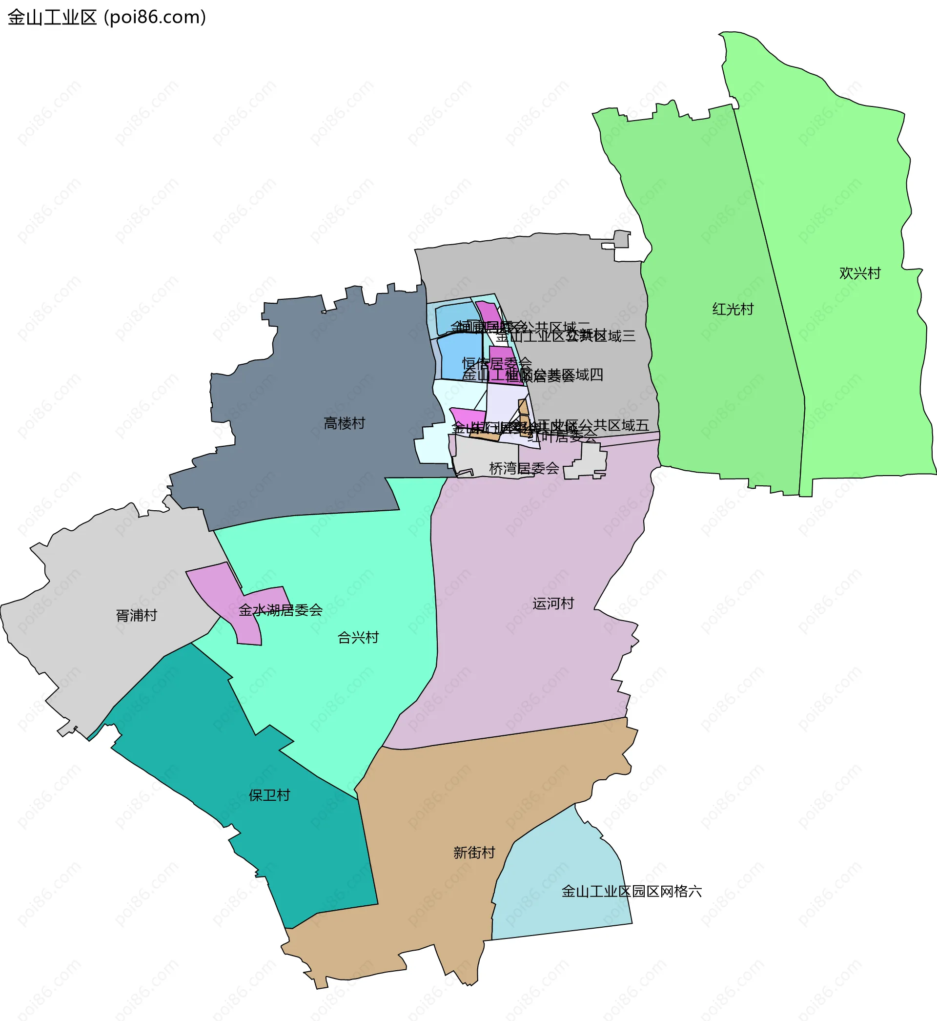 金山工业区边界地图(五级行政区划)