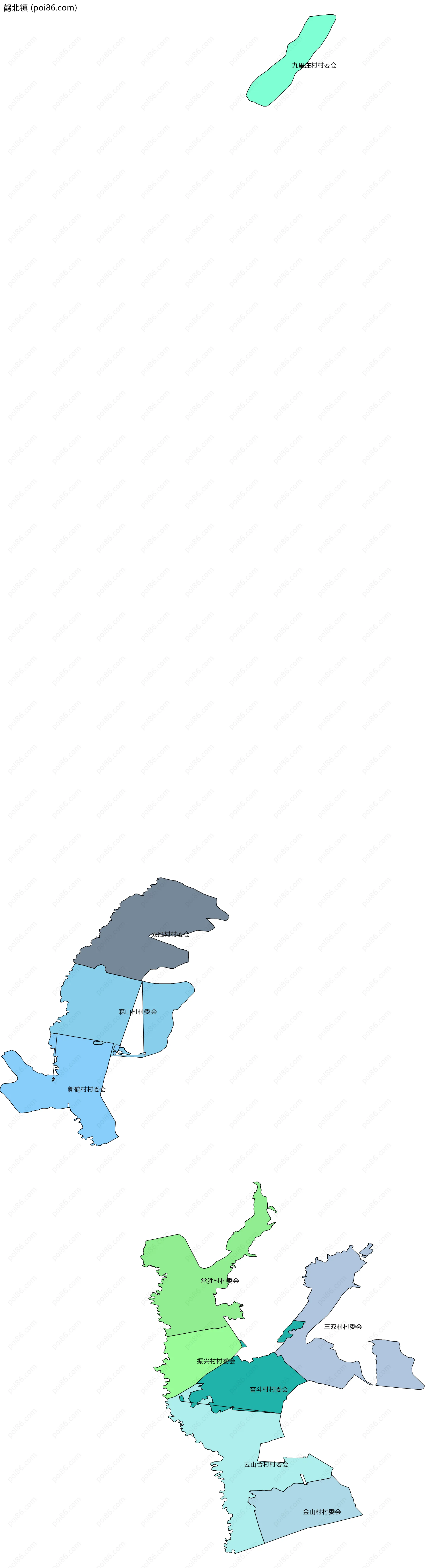 鹤北镇边界地图(五级行政区划)