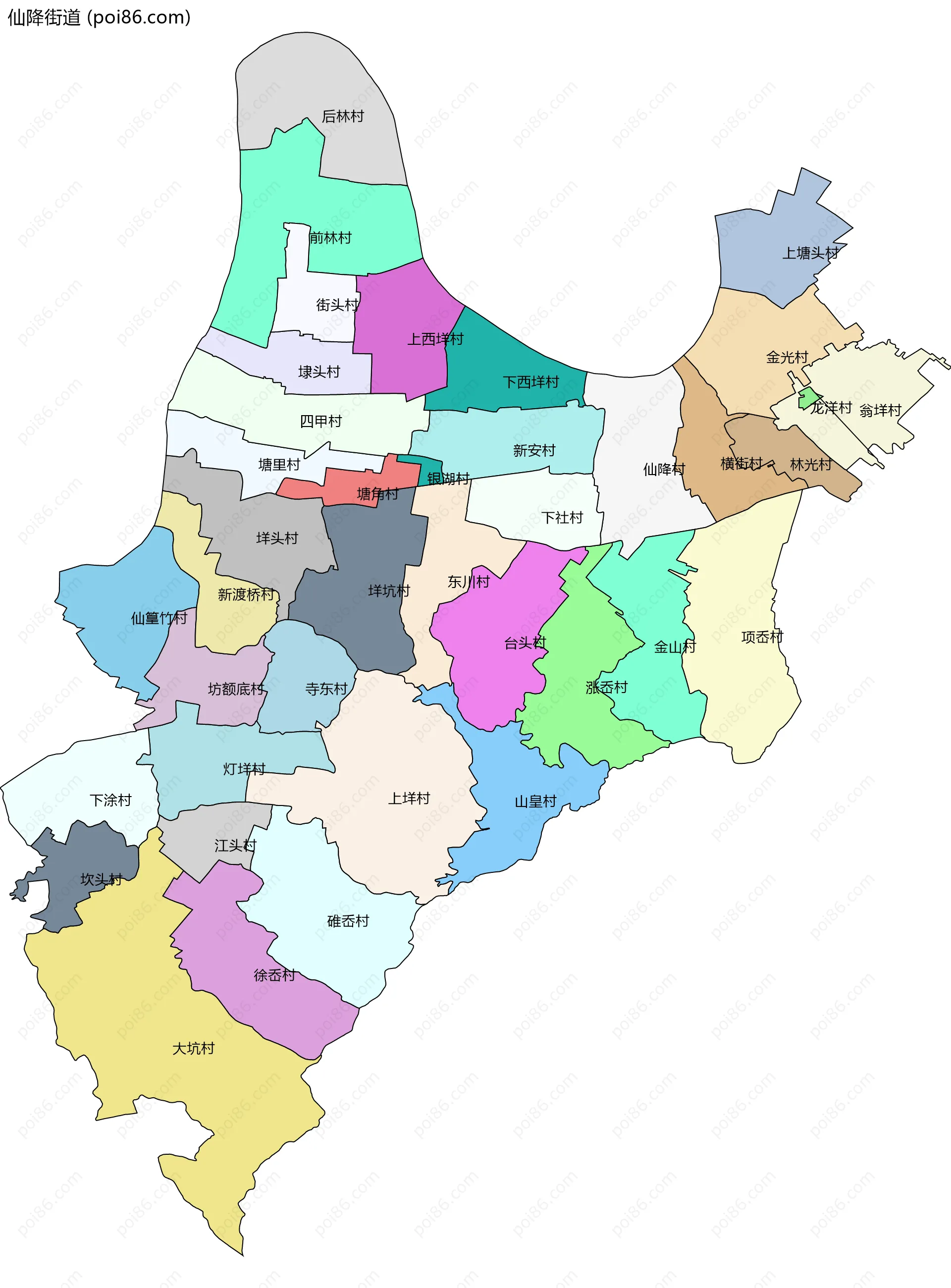 仙降街道边界地图(五级行政区划)