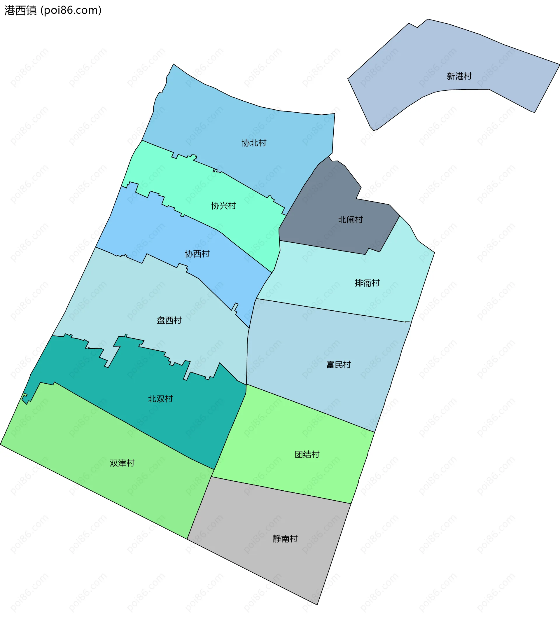 港西镇边界地图(五级行政区划)