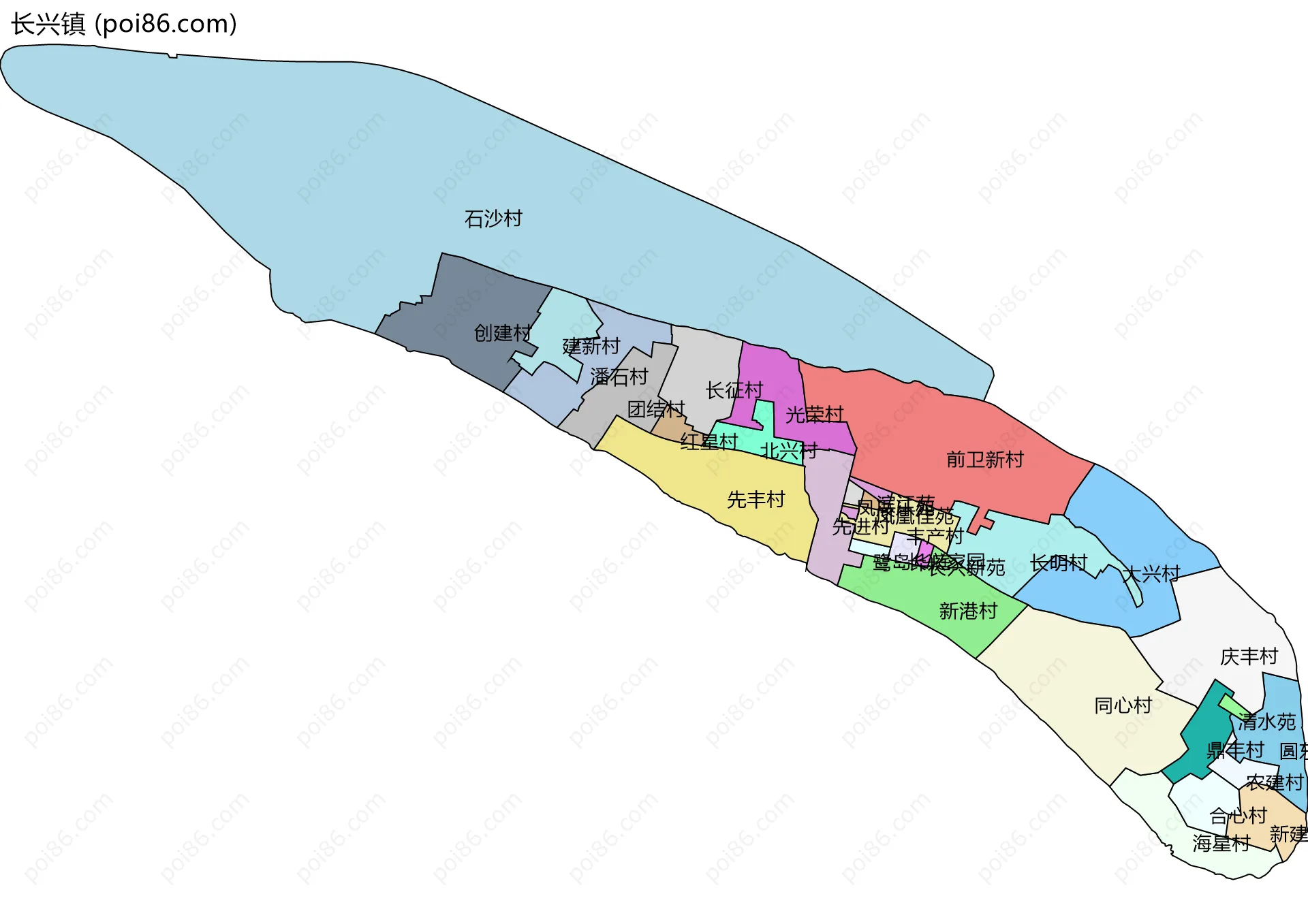 长兴镇边界地图(五级行政区划)