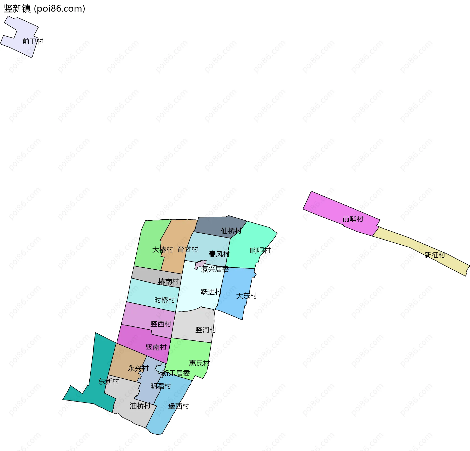 竖新镇边界地图(五级行政区划)