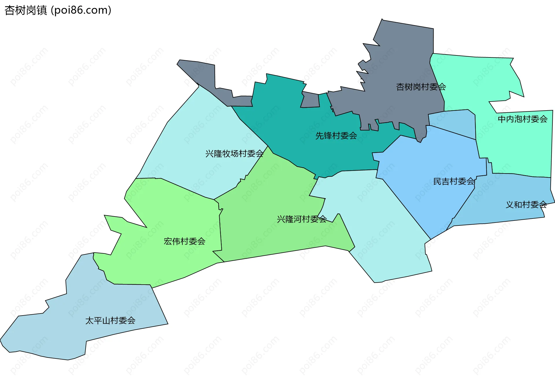 杏树岗镇边界地图(五级行政区划)