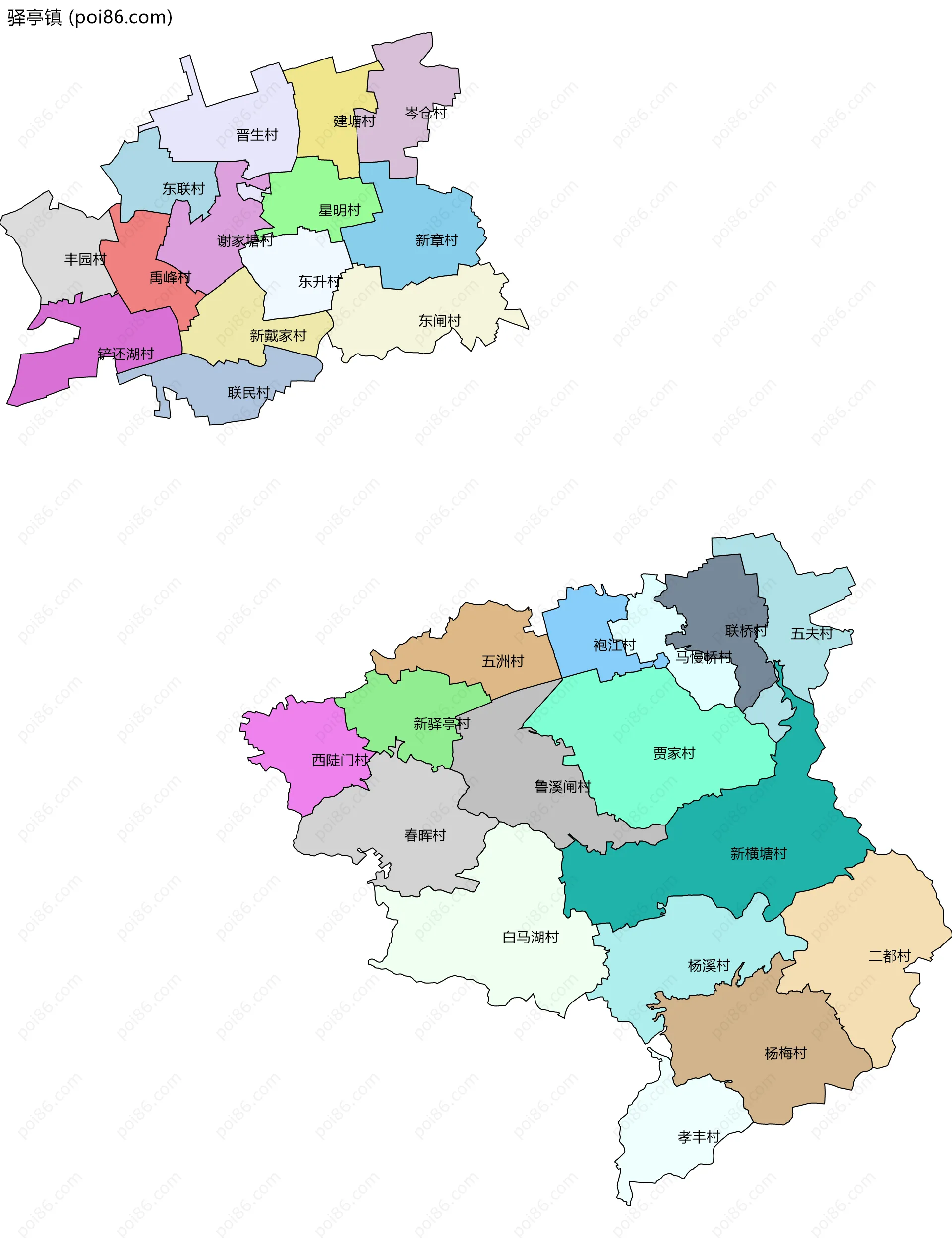 驿亭镇边界地图(五级行政区划)