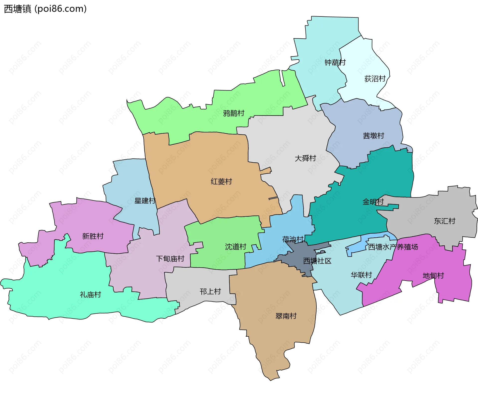 西塘镇边界地图(五级行政区划)