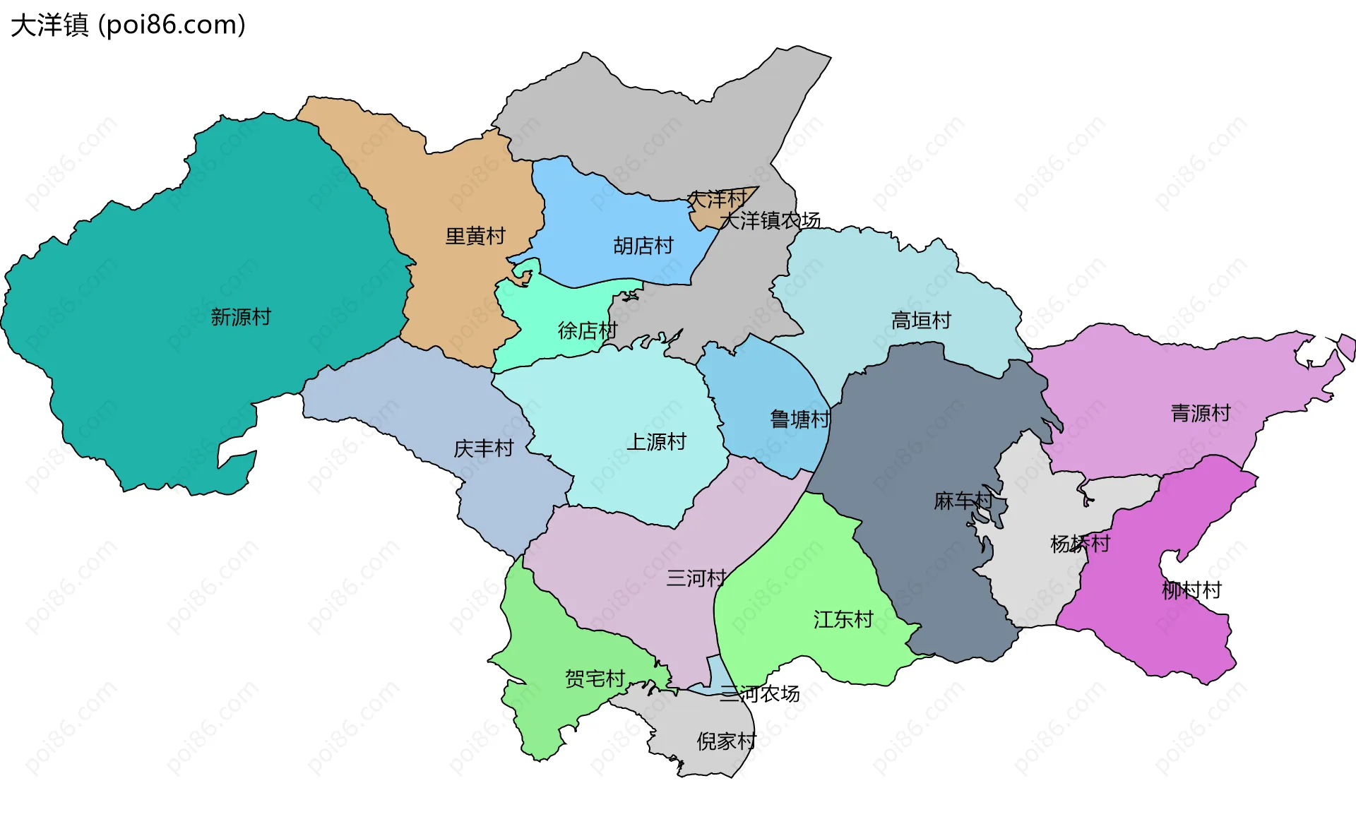 大洋镇边界地图(五级行政区划)