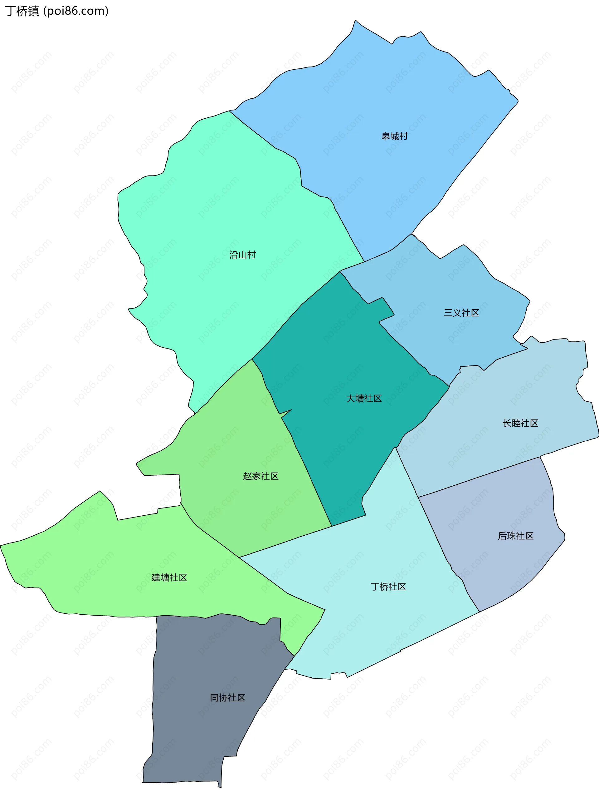 丁桥镇边界地图(五级行政区划)