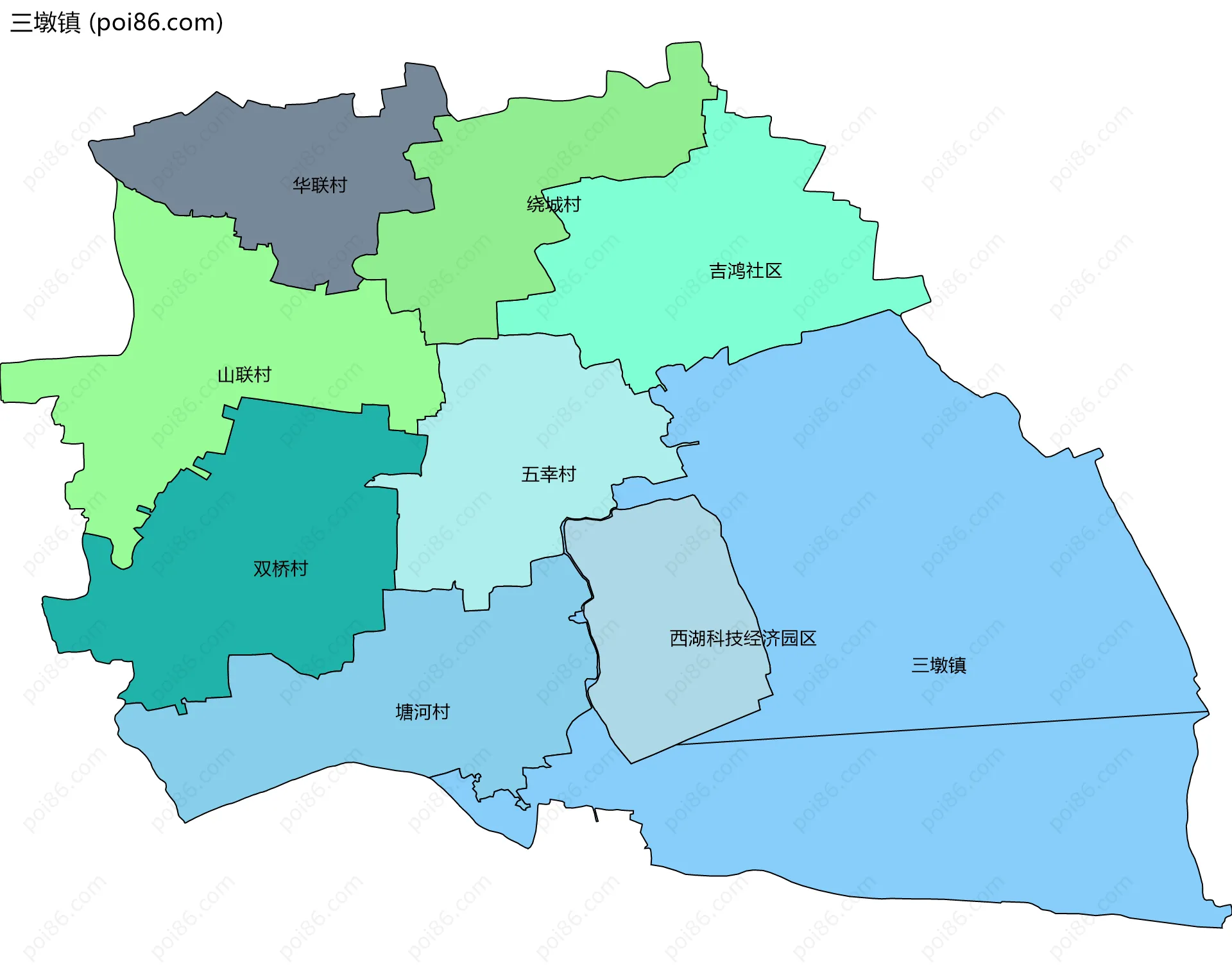 三墩镇边界地图(五级行政区划)
