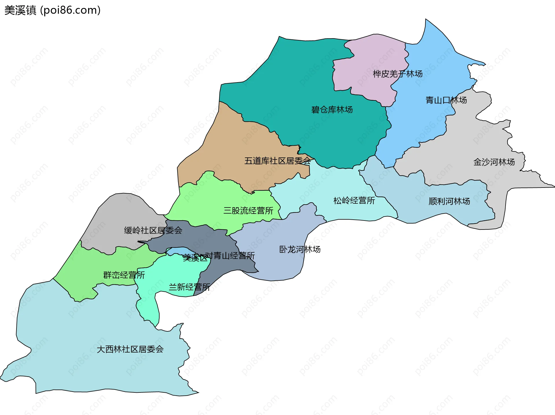 美溪镇边界地图(五级行政区划)