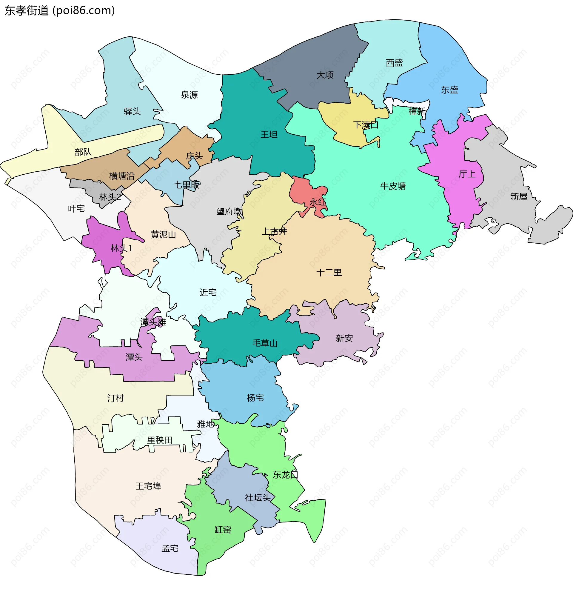 东孝街道边界地图(五级行政区划)