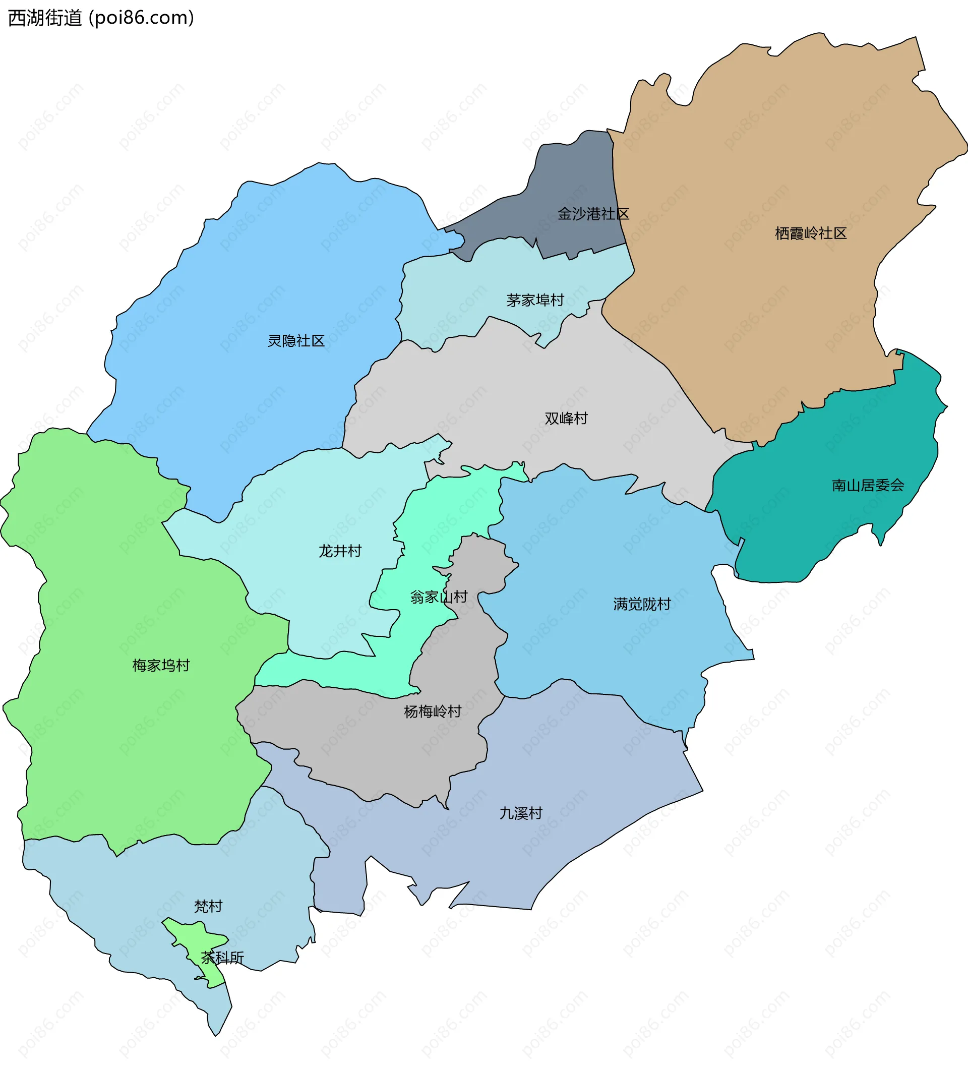 西湖街道边界地图(五级行政区划)