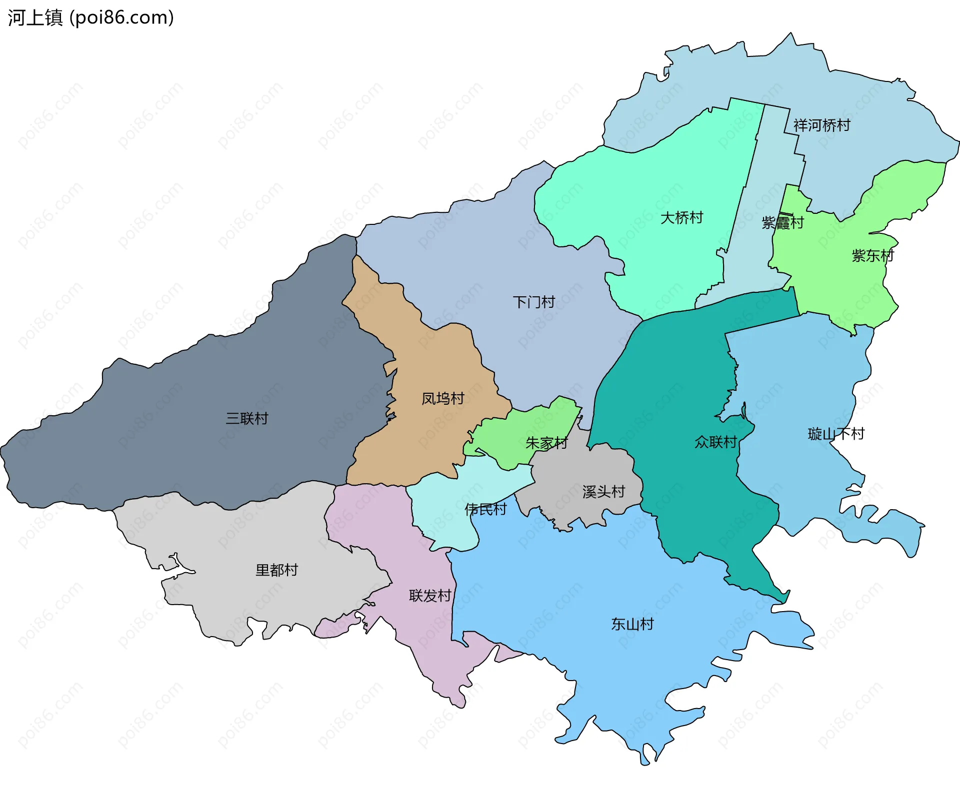 河上镇边界地图(五级行政区划)