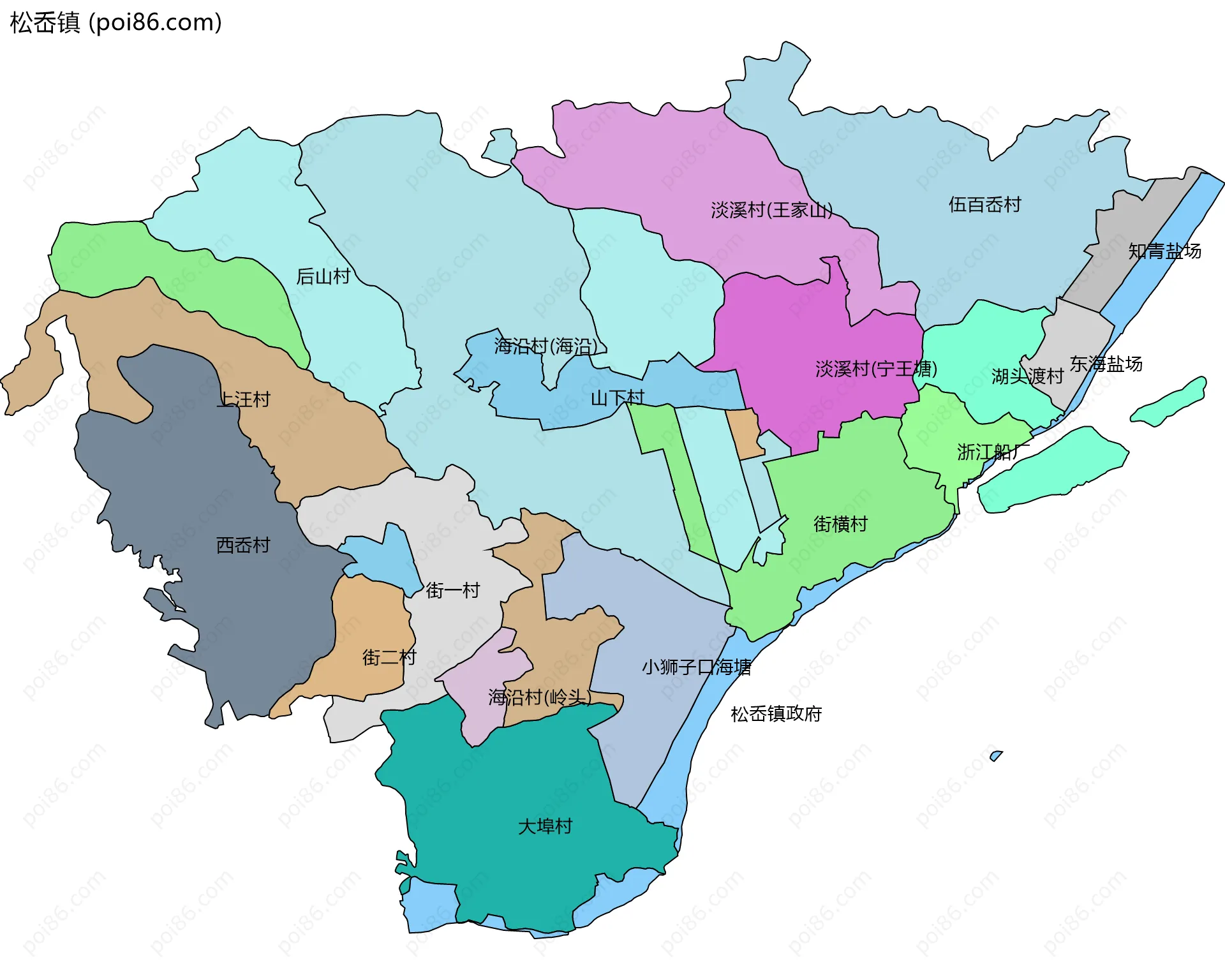 松岙镇边界地图(五级行政区划)