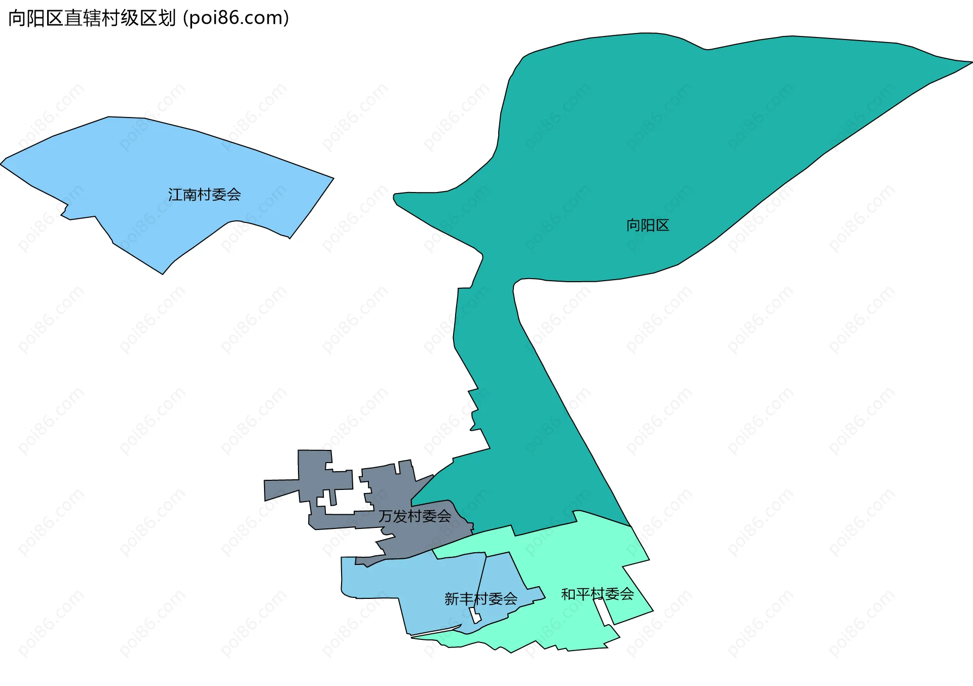 向阳区直辖村级区划边界地图(五级行政区划)