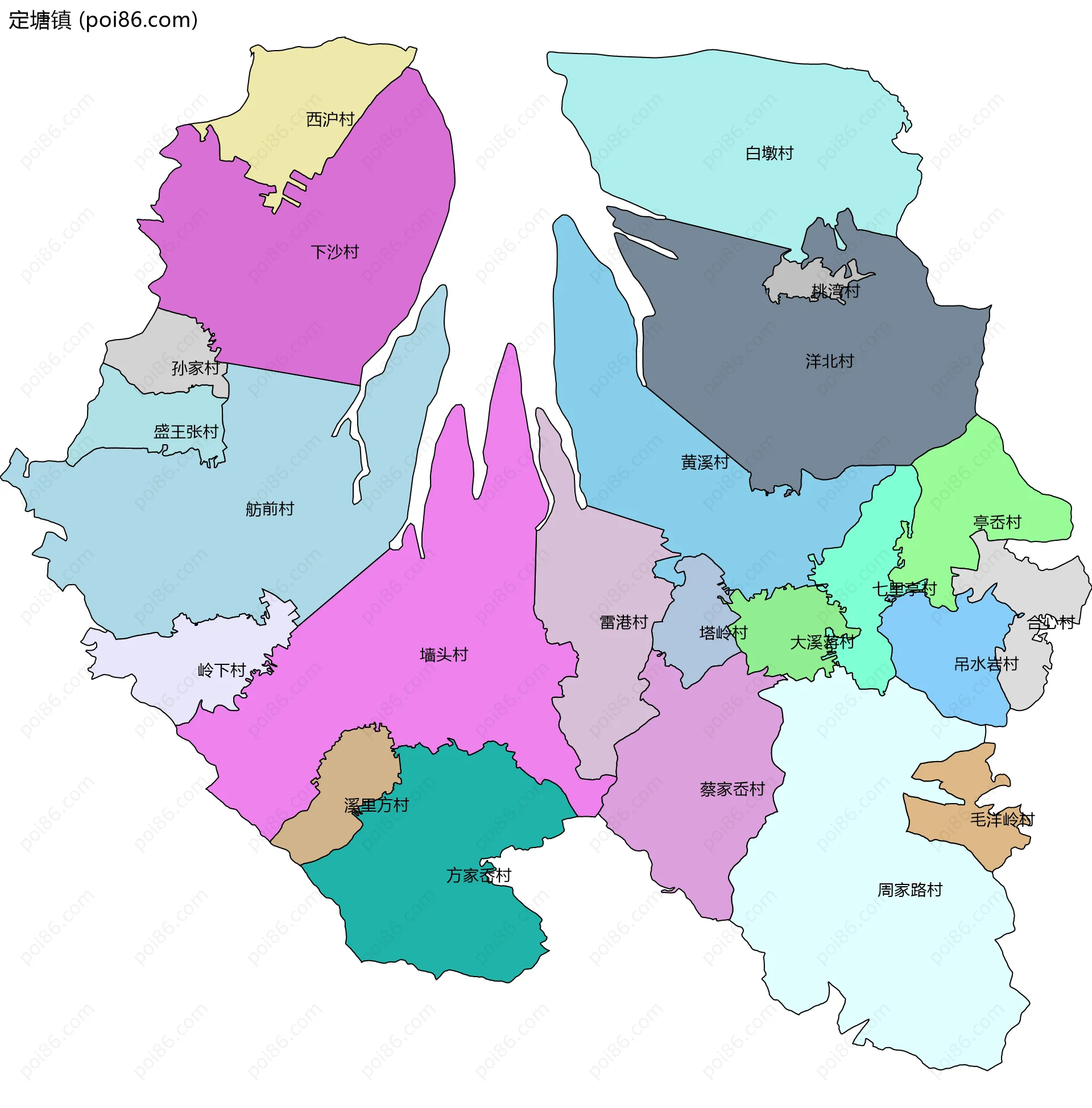 定塘镇边界地图(五级行政区划)