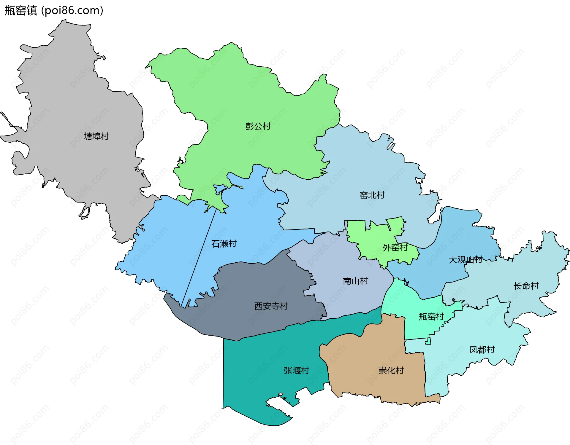 瓶窑镇边界地图(五级行政区划)