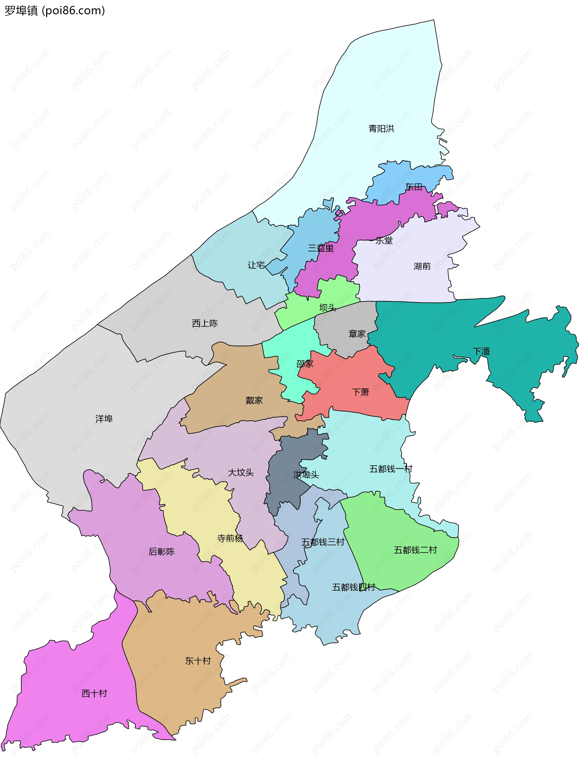 罗埠镇边界地图(五级行政区划)