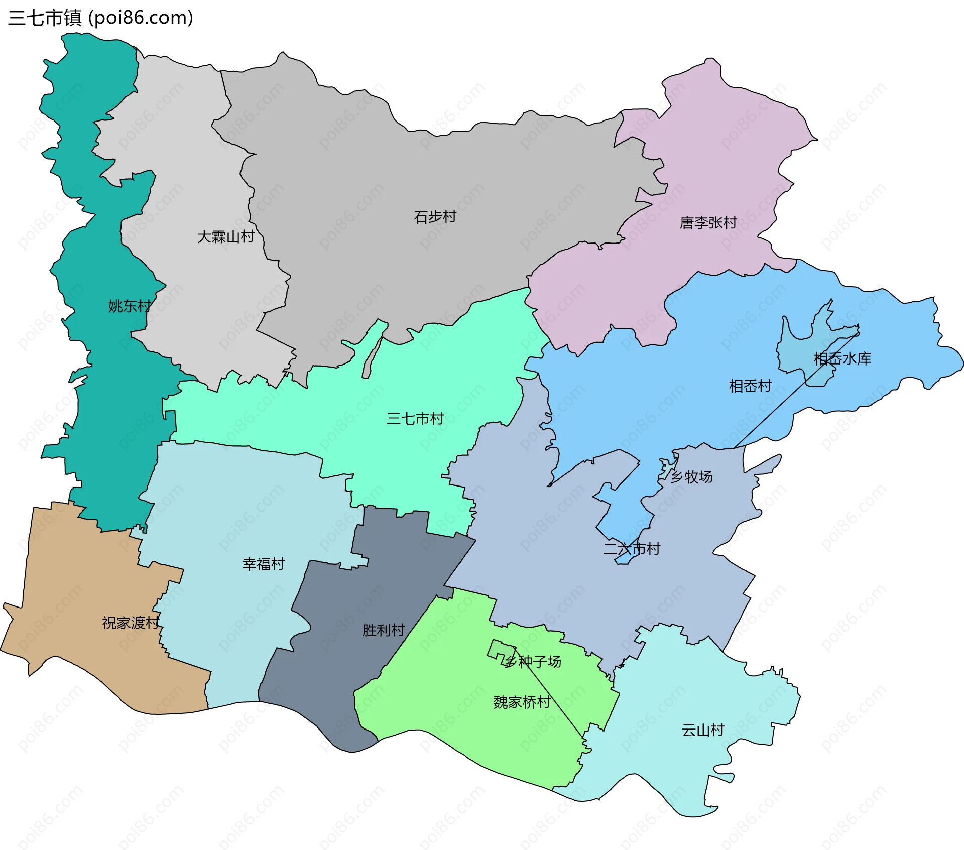 三七市镇边界地图(五级行政区划)