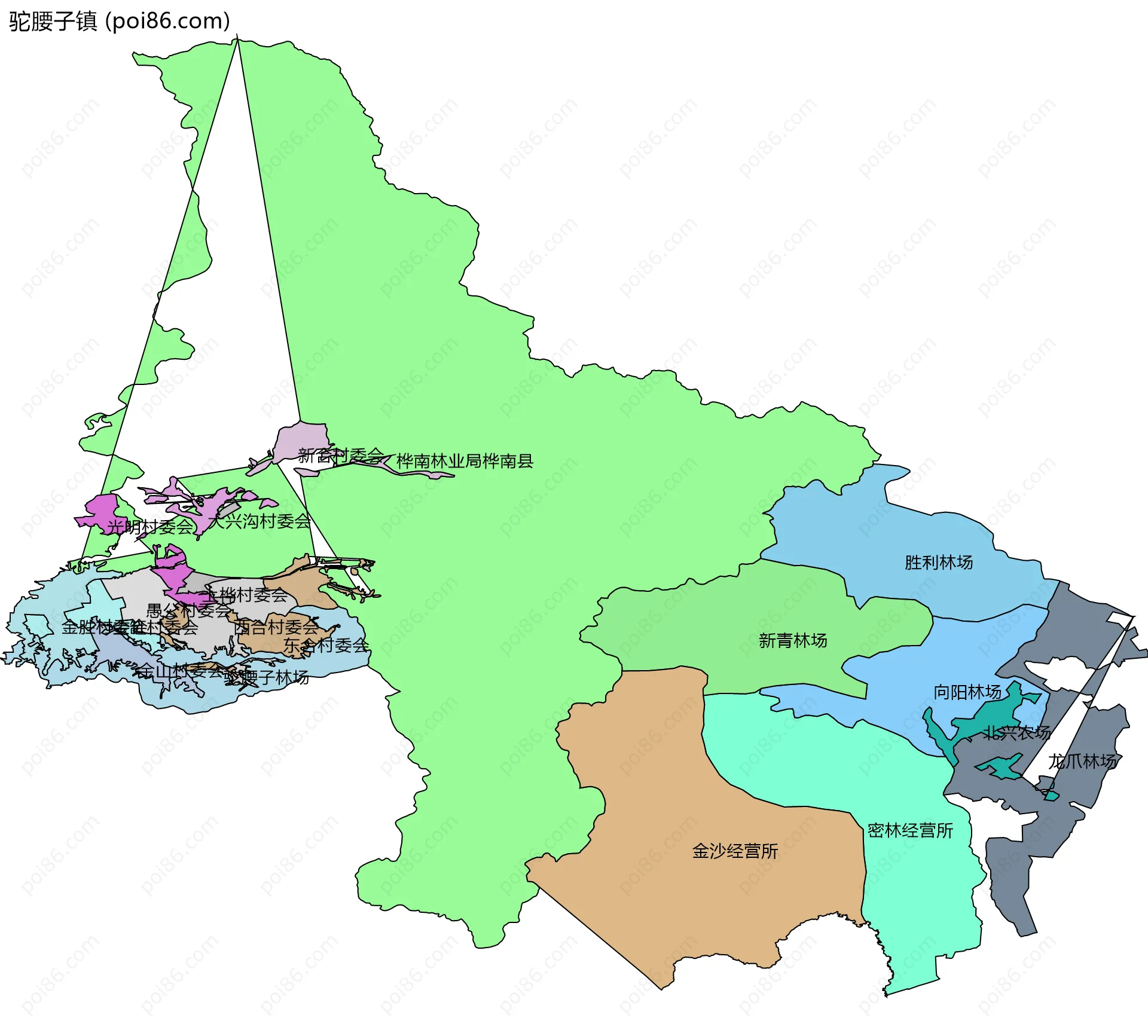 驼腰子镇边界地图(五级行政区划)