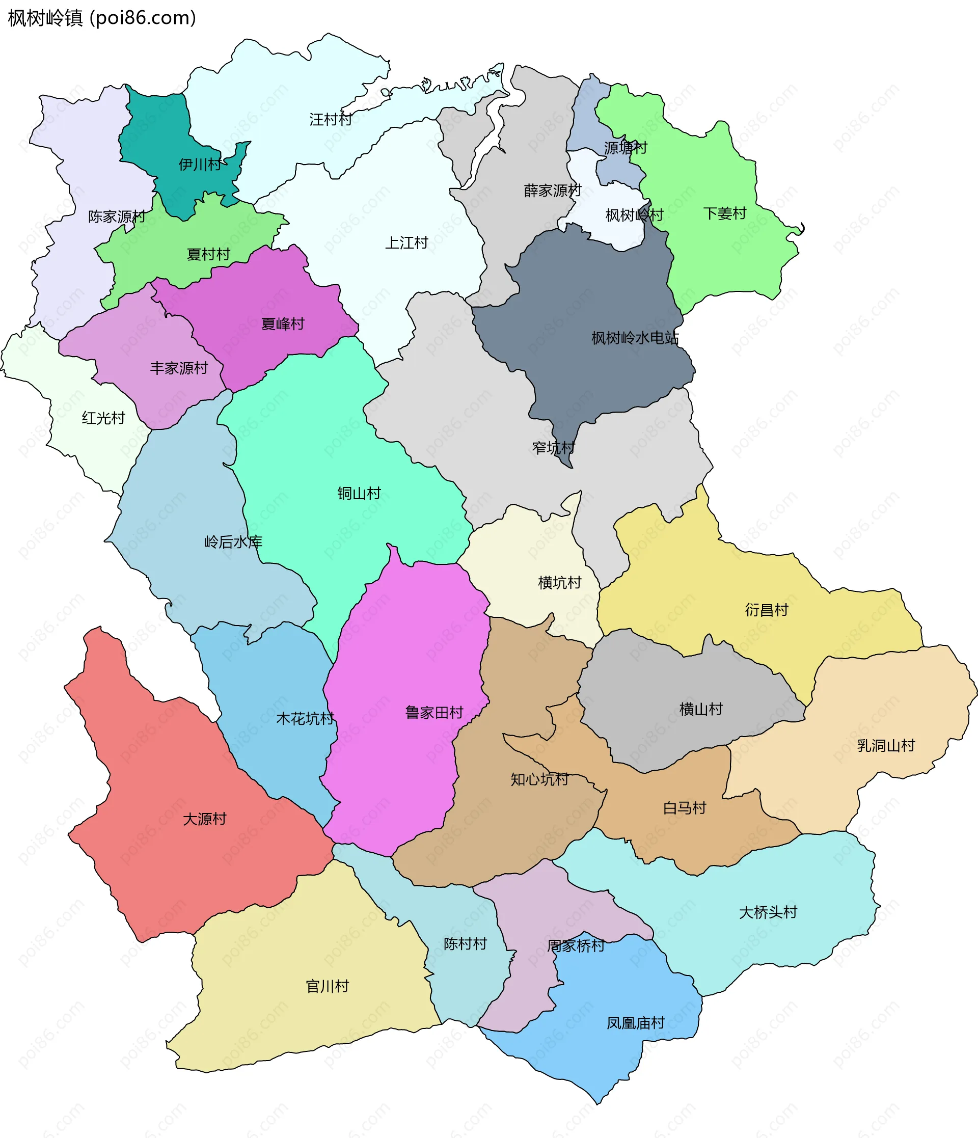 枫树岭镇边界地图(五级行政区划)