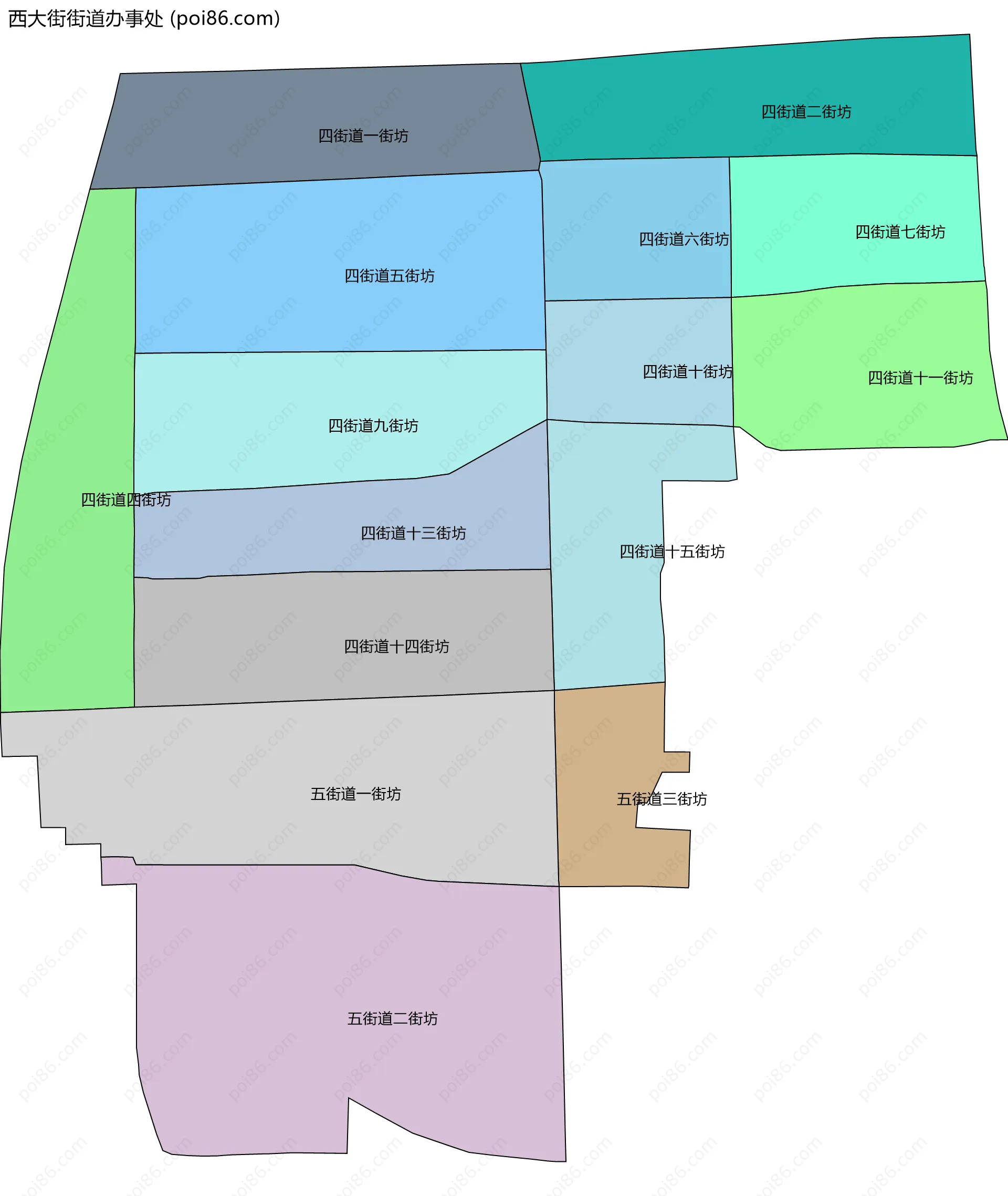 西大街街道办事处边界地图(五级行政区划)