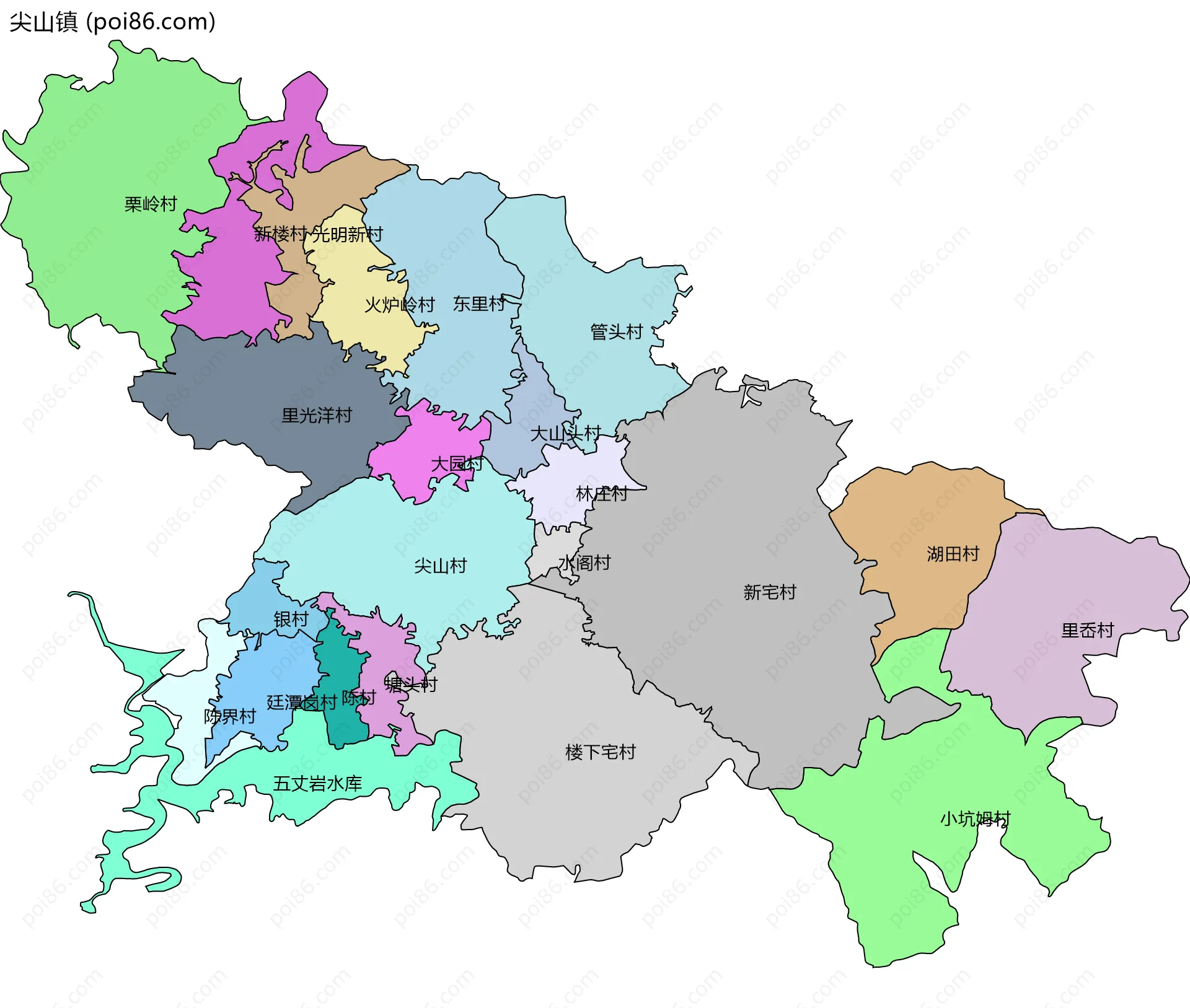 尖山镇边界地图(五级行政区划)