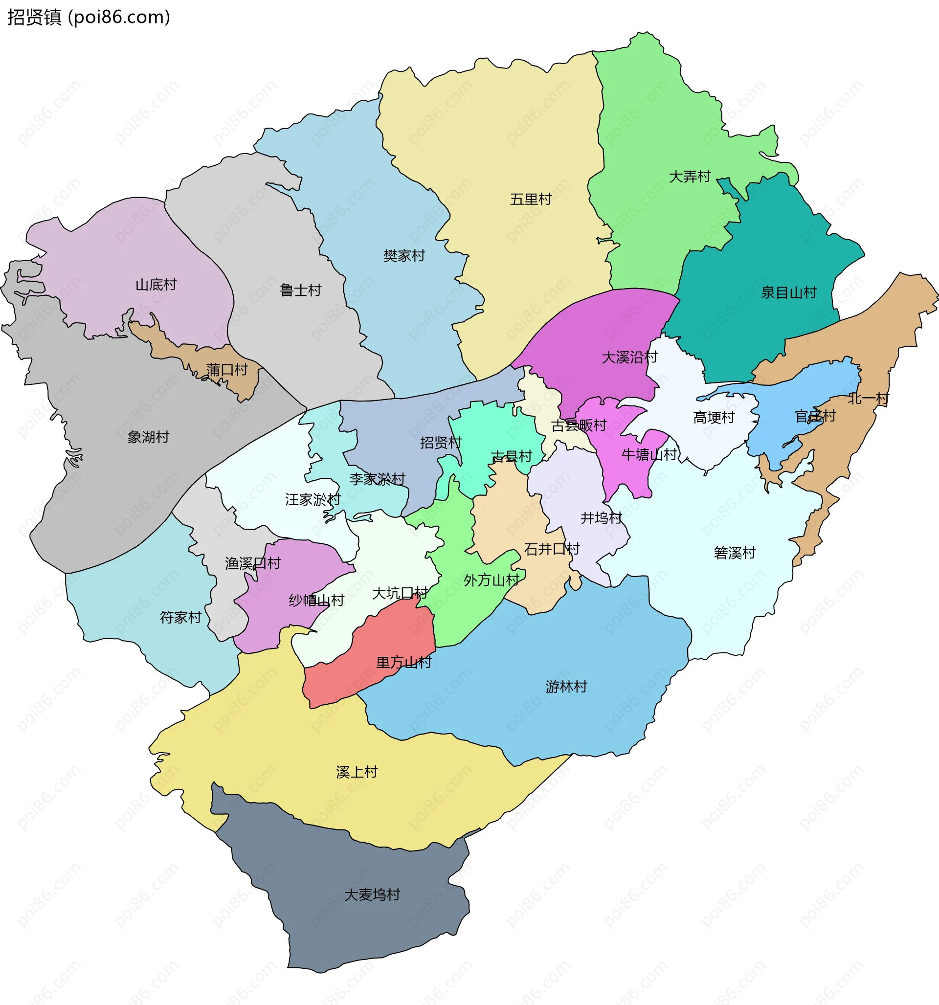 招贤镇边界地图(五级行政区划)