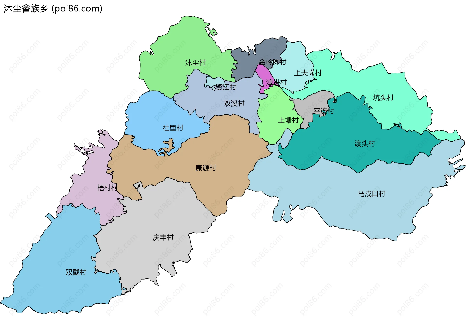 沐尘畲族乡边界地图(五级行政区划)