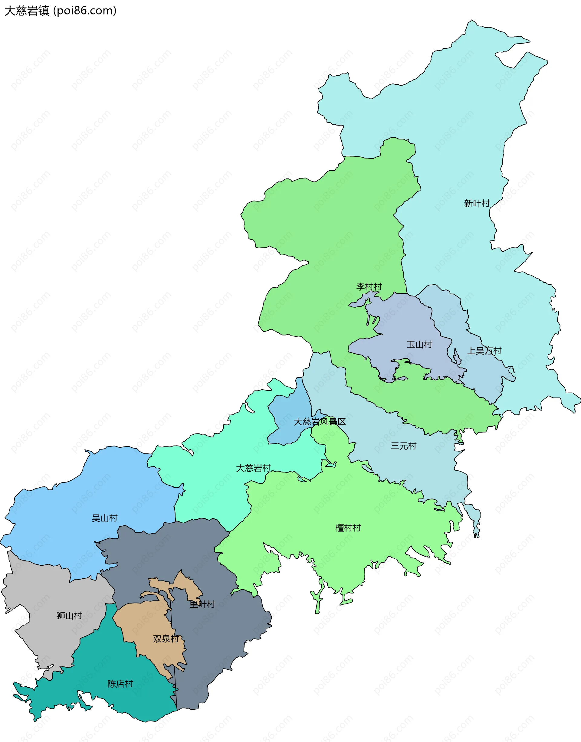 大慈岩镇边界地图(五级行政区划)