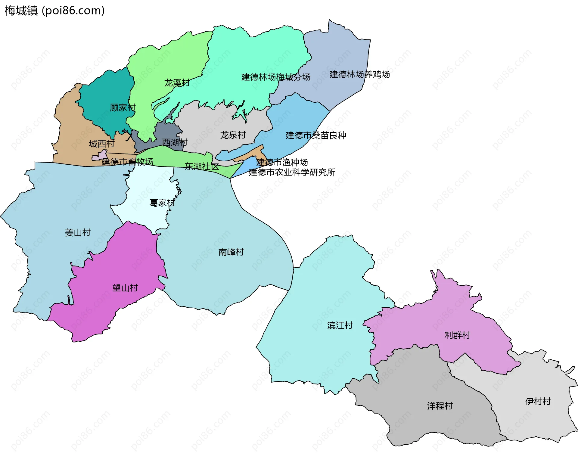 梅城镇边界地图(五级行政区划)