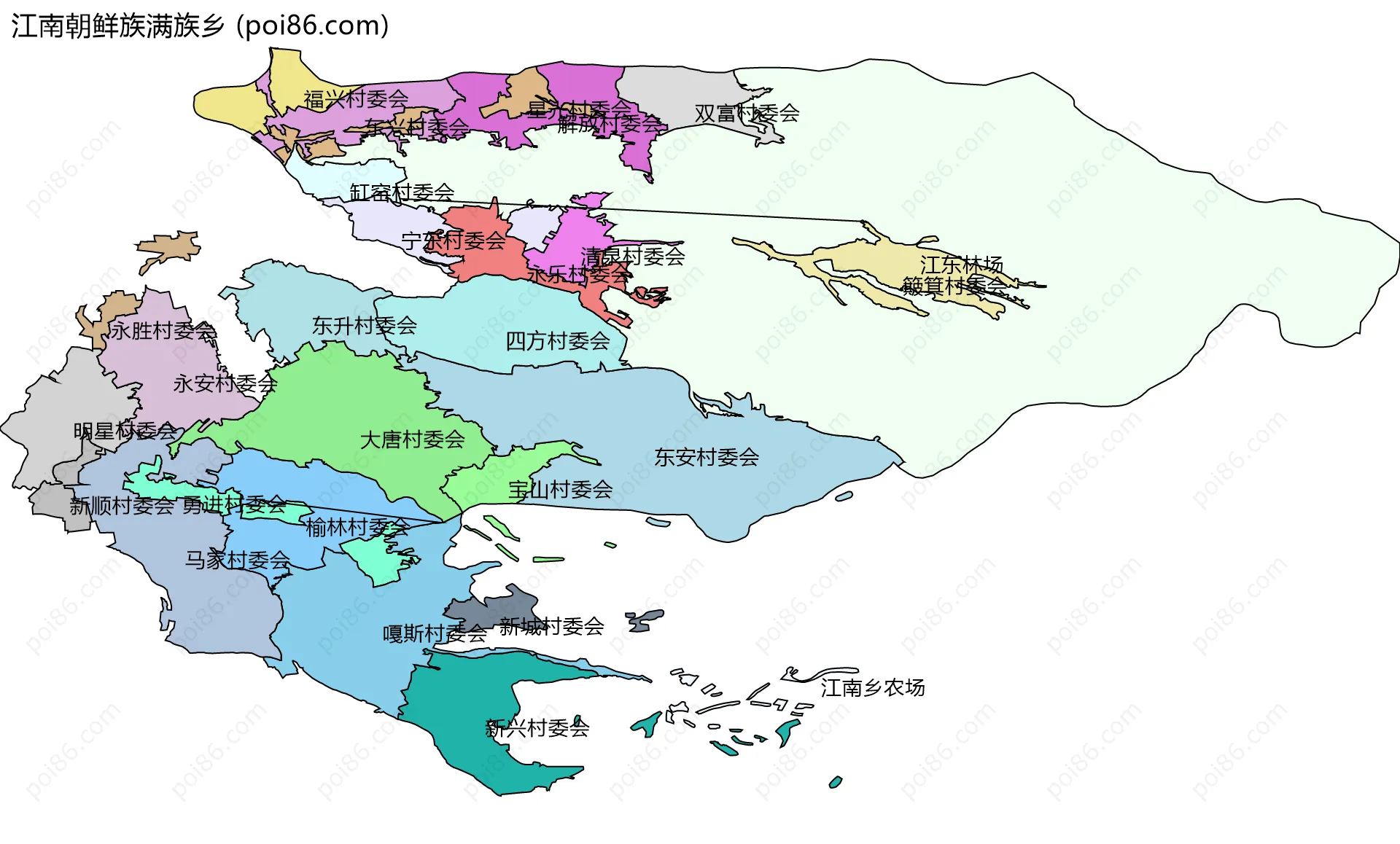 江南朝鲜族满族乡边界地图(五级行政区划)