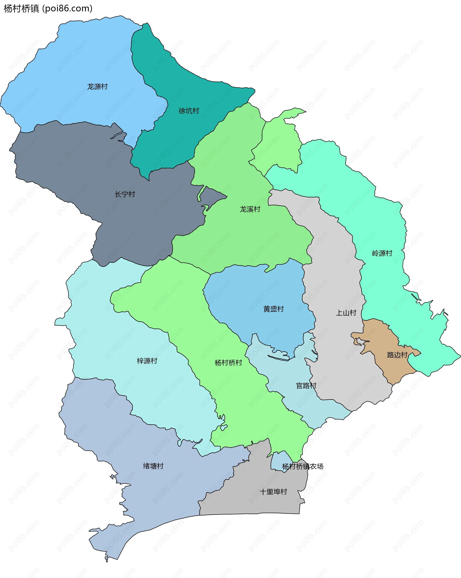 杨村桥镇边界地图(五级行政区划)