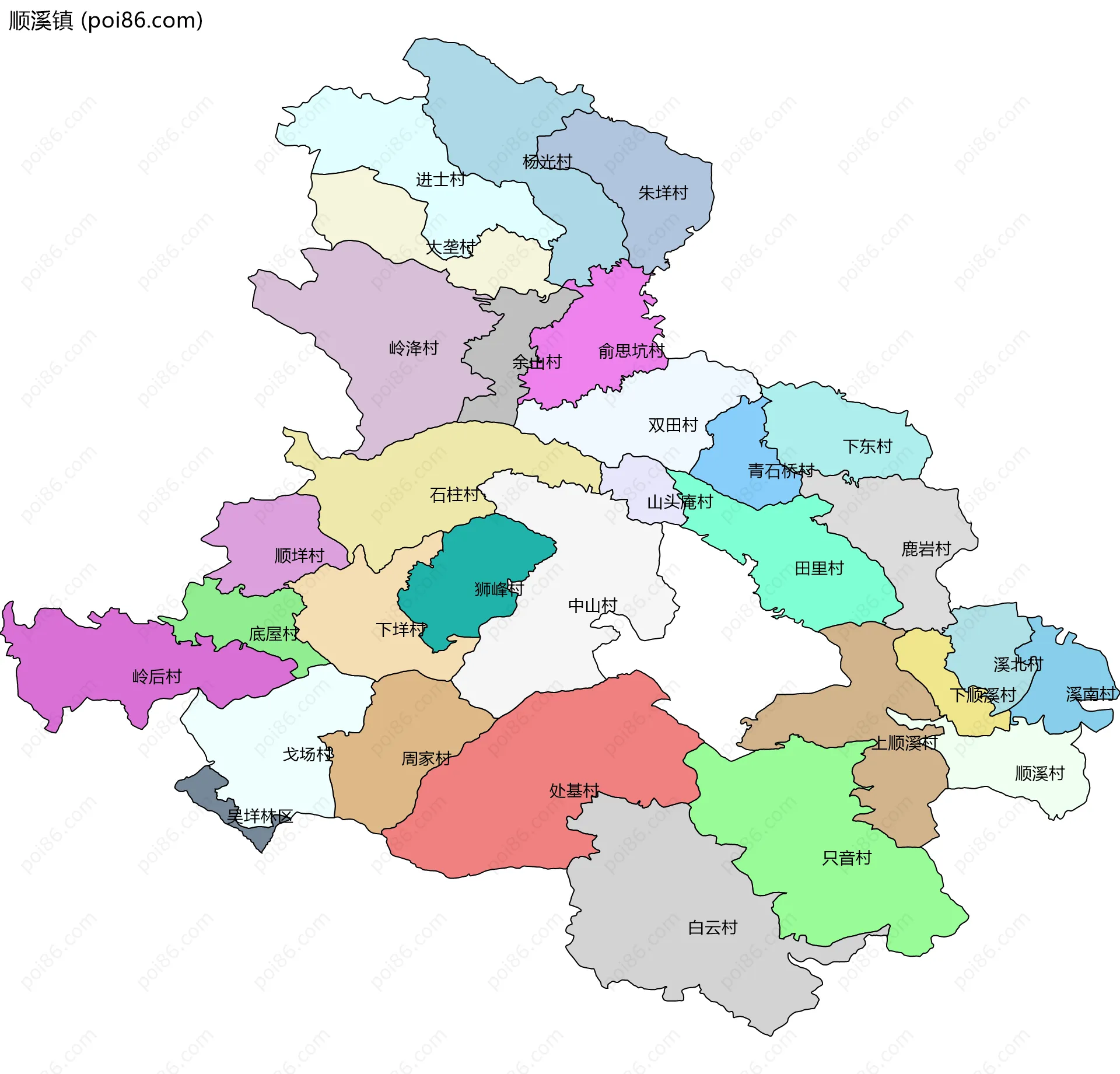 顺溪镇边界地图(五级行政区划)