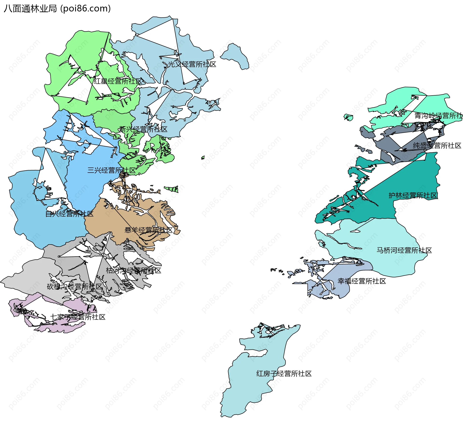 八面通林业局边界地图(五级行政区划)
