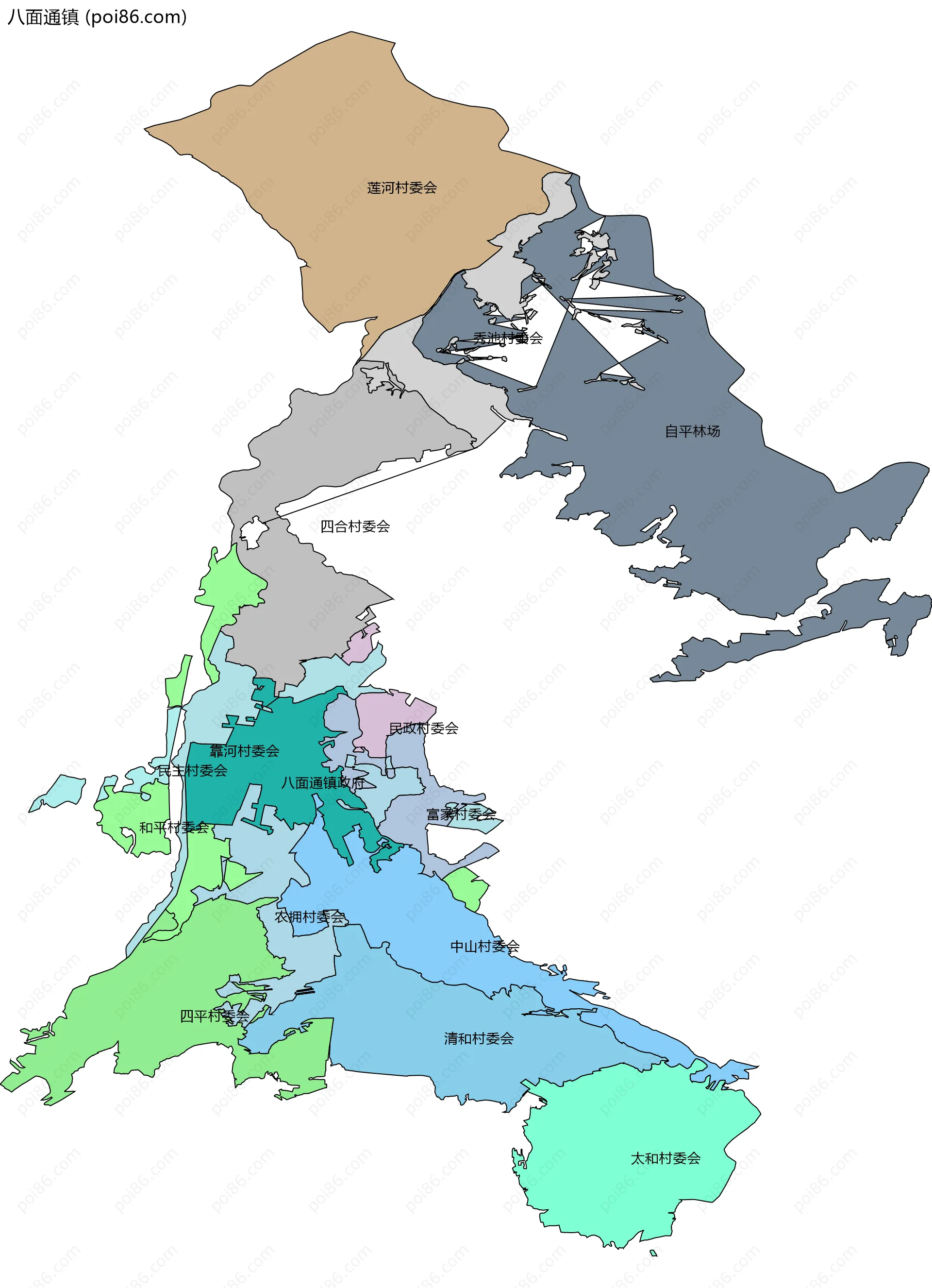 八面通镇边界地图(五级行政区划)