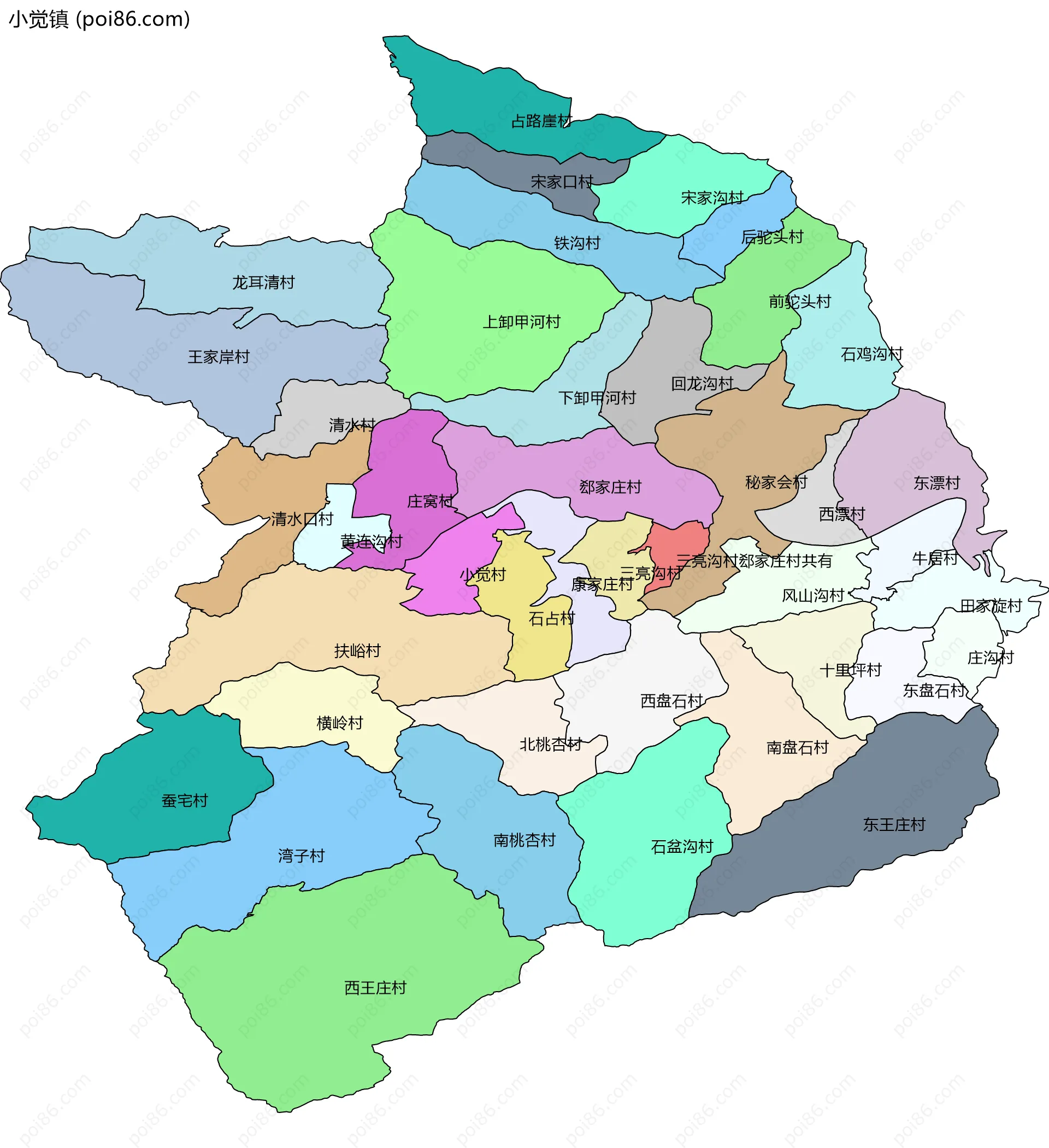 小觉镇边界地图(五级行政区划)