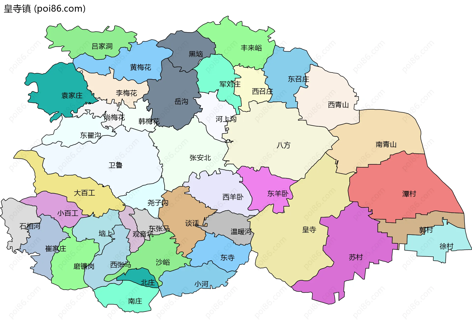 皇寺镇边界地图(五级行政区划)