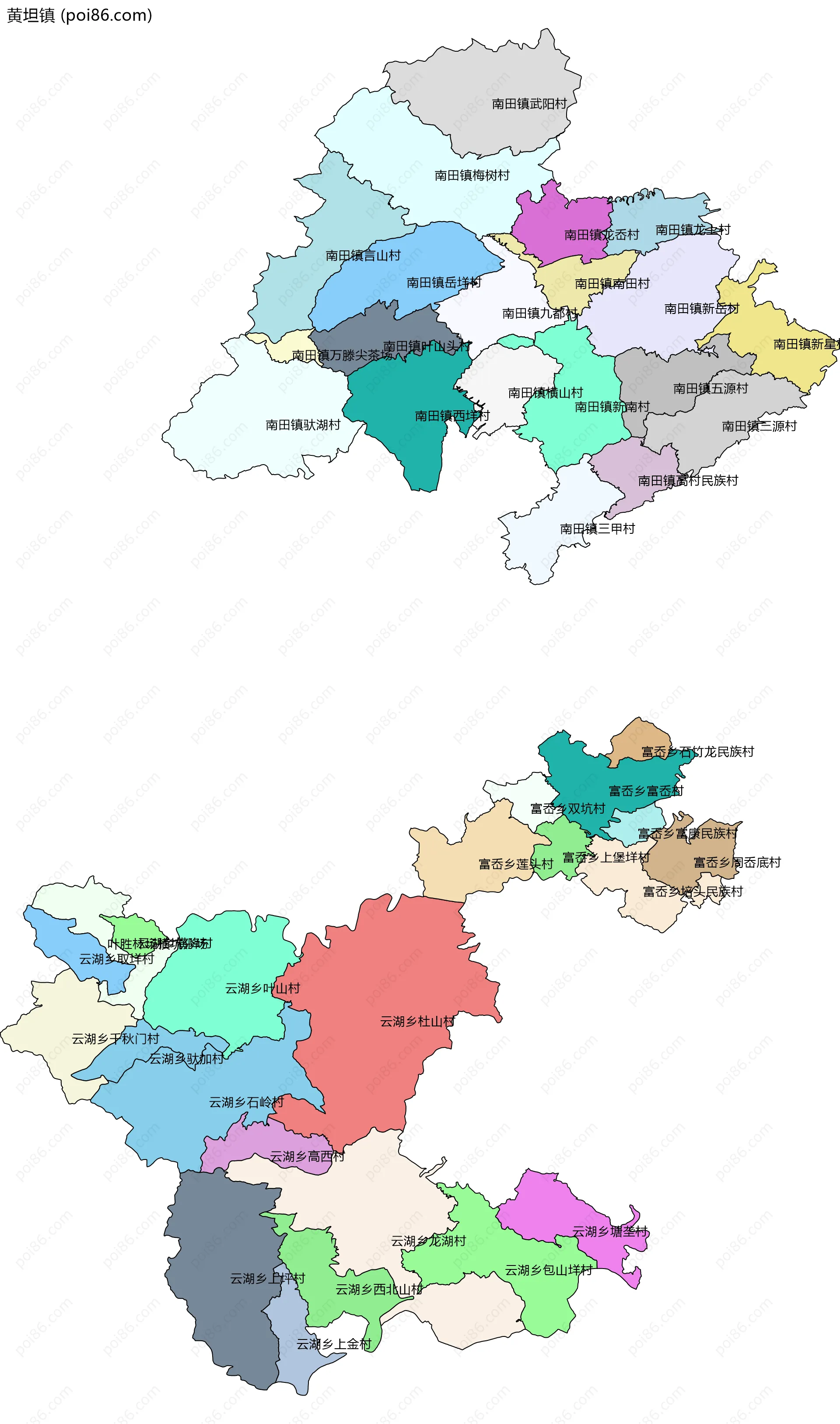 黄坦镇边界地图(五级行政区划)