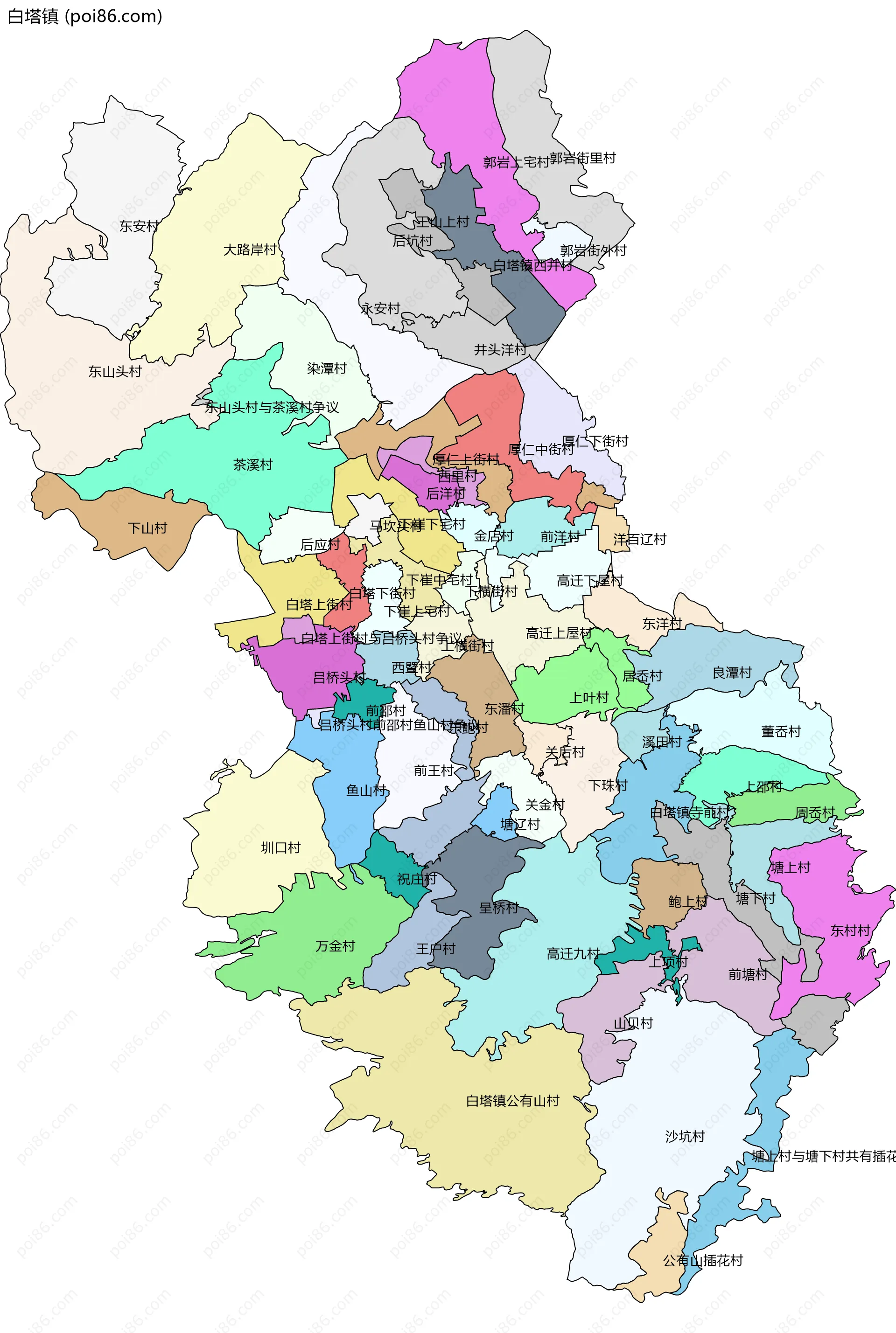 白塔镇边界地图(五级行政区划)