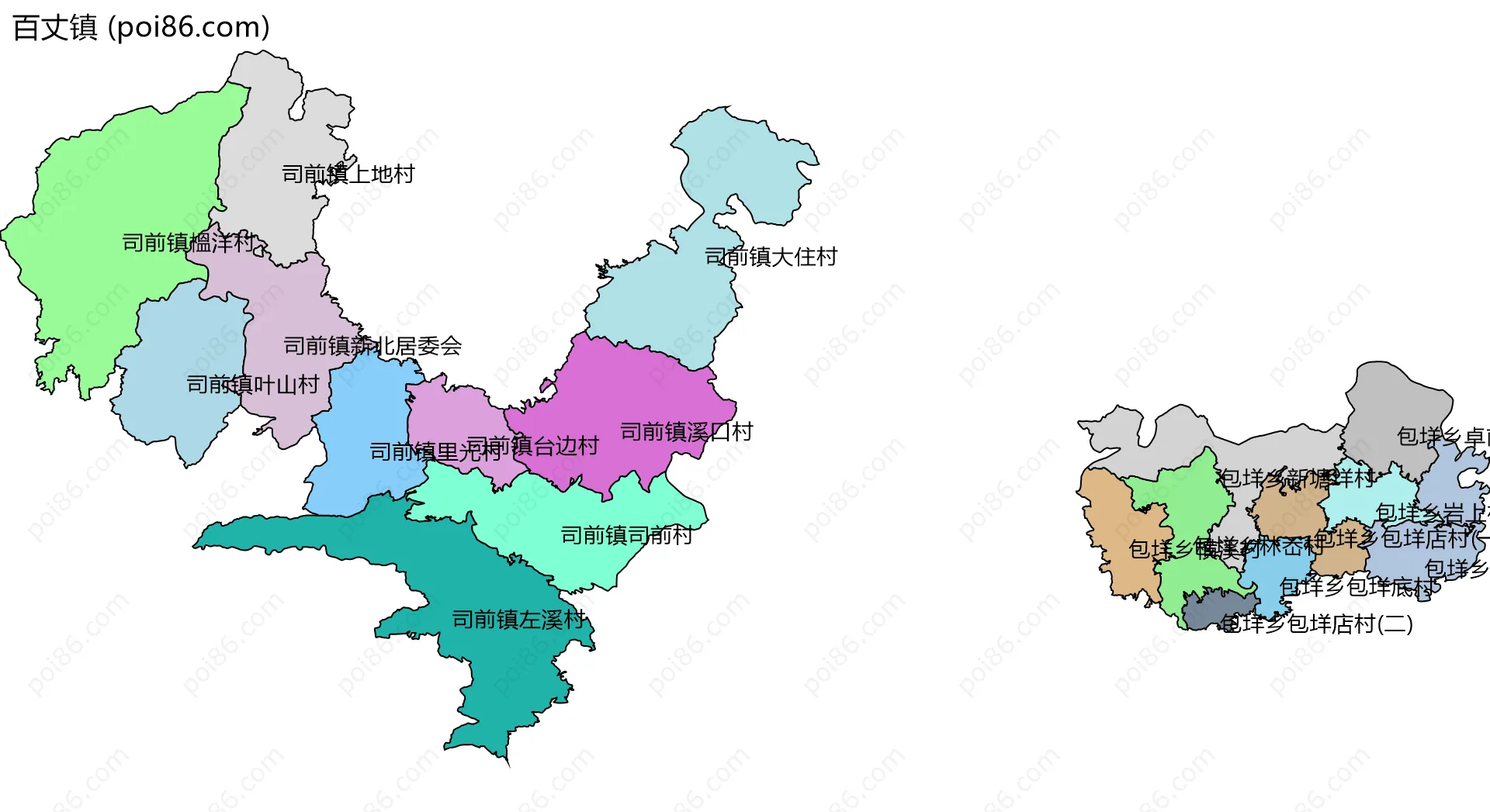 百丈镇边界地图(五级行政区划)