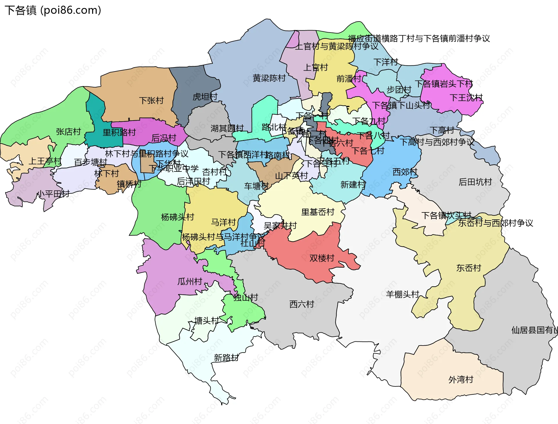 下各镇边界地图(五级行政区划)