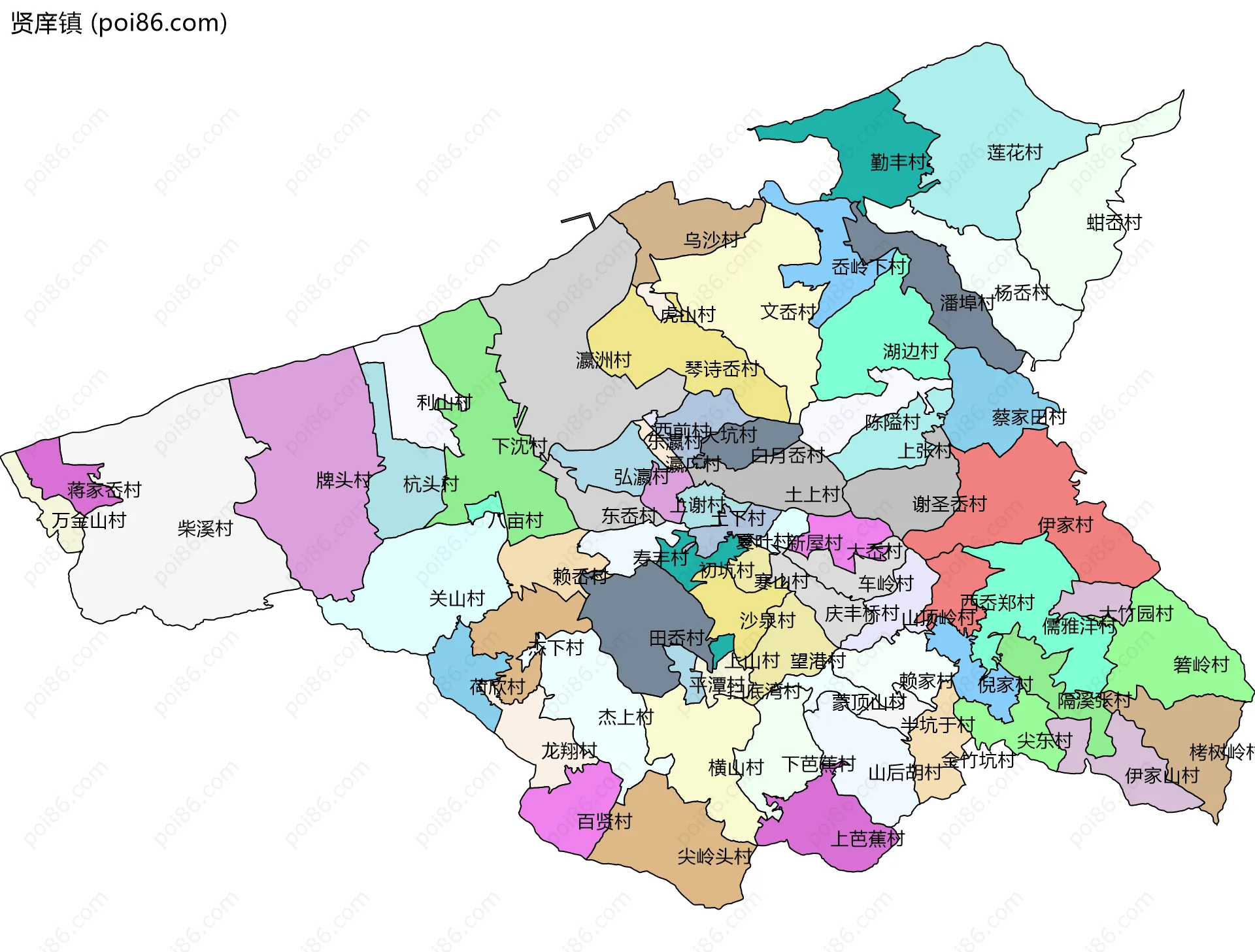 贤庠镇边界地图(五级行政区划)